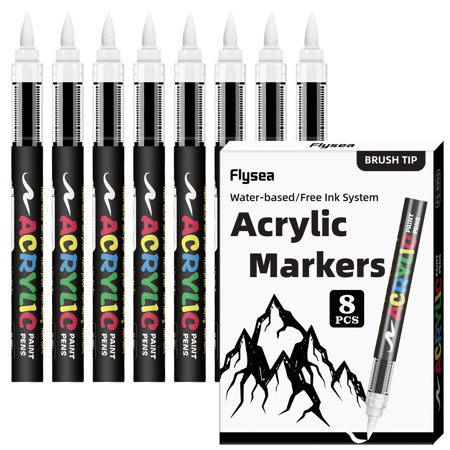 FLYSEA 8pcs Professional Water-Based Acrylic Paint Marker Pens – Soft Brush Tip, Multi-Surface, Black & White Set with 8 Color-Coding Caps