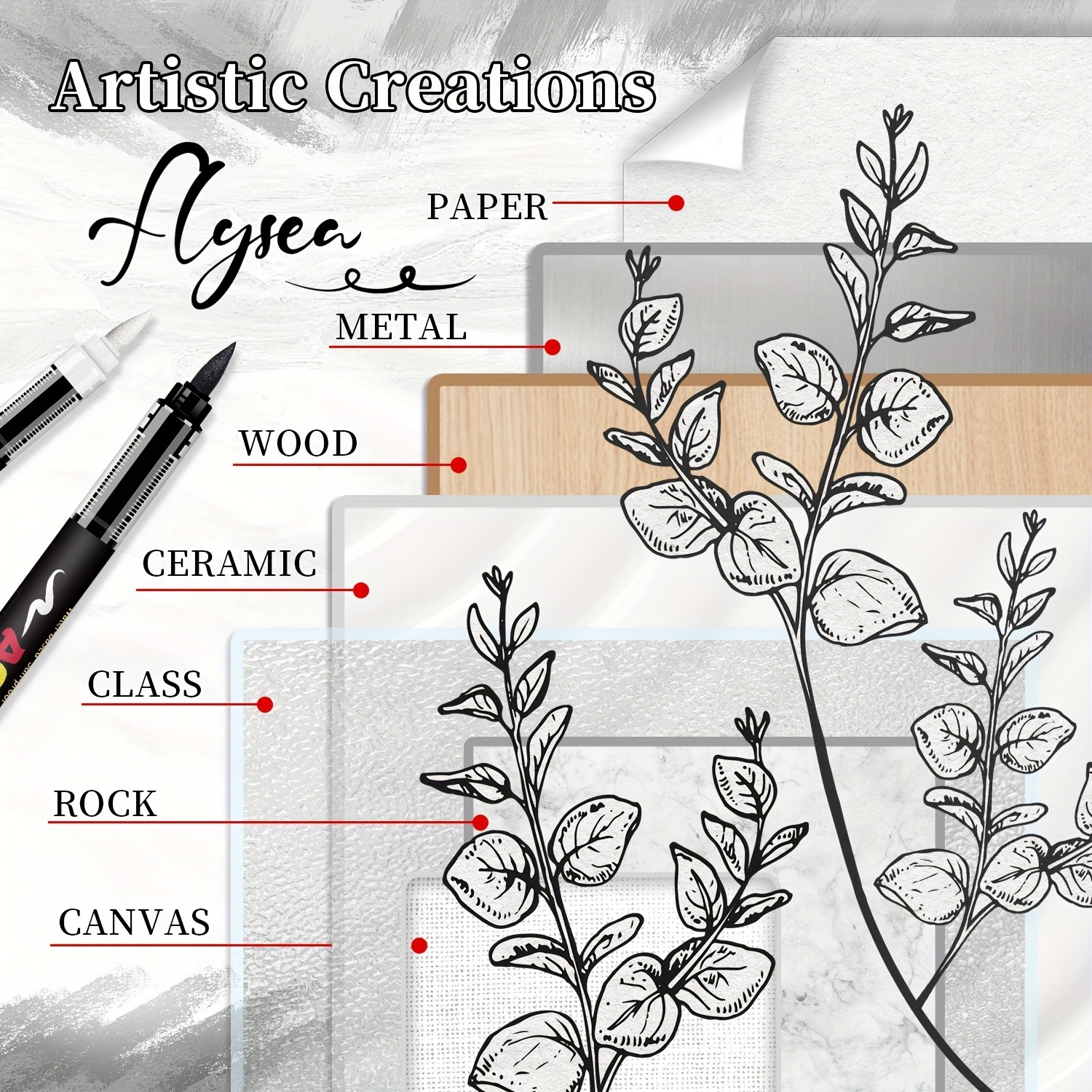 FLYSEA 8pcs Professional Water-Based Acrylic Paint Marker Pens – Soft Brush Tip, Multi-Surface, Black & White Set with 8 Color-Coding Caps