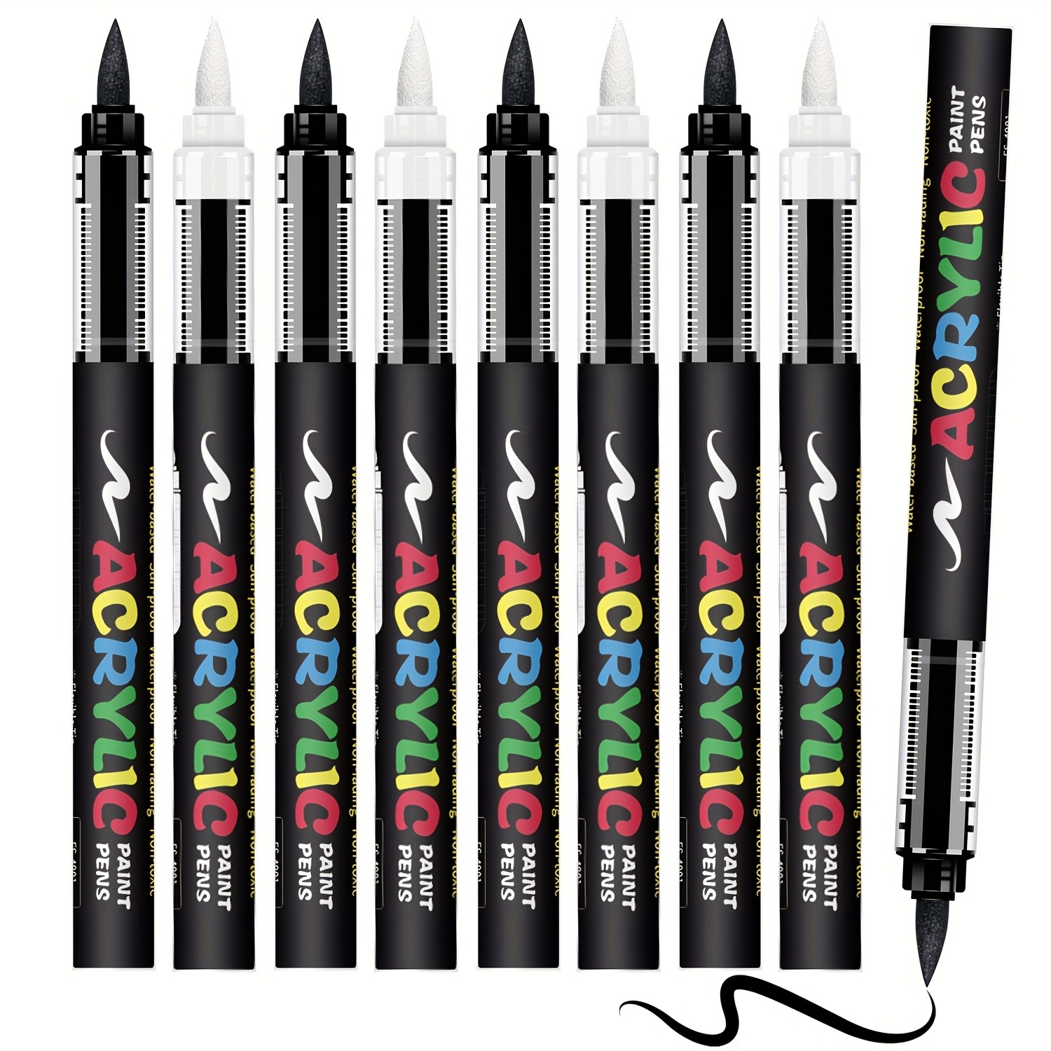 FLYSEA 8pcs Professional Water-Based Acrylic Paint Marker Pens – Soft Brush Tip, Multi-Surface, Black & White Set with 8 Color-Coding Caps