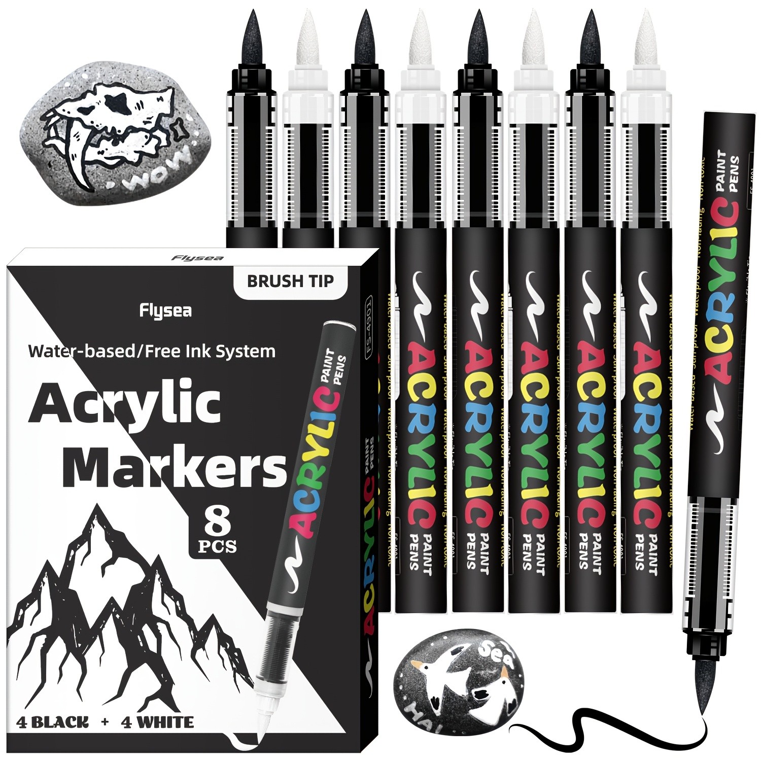 FLYSEA 8pcs Professional Water-Based Acrylic Paint Marker Pens – Soft Brush Tip, Multi-Surface, Black & White Set with 8 Color-Coding Caps