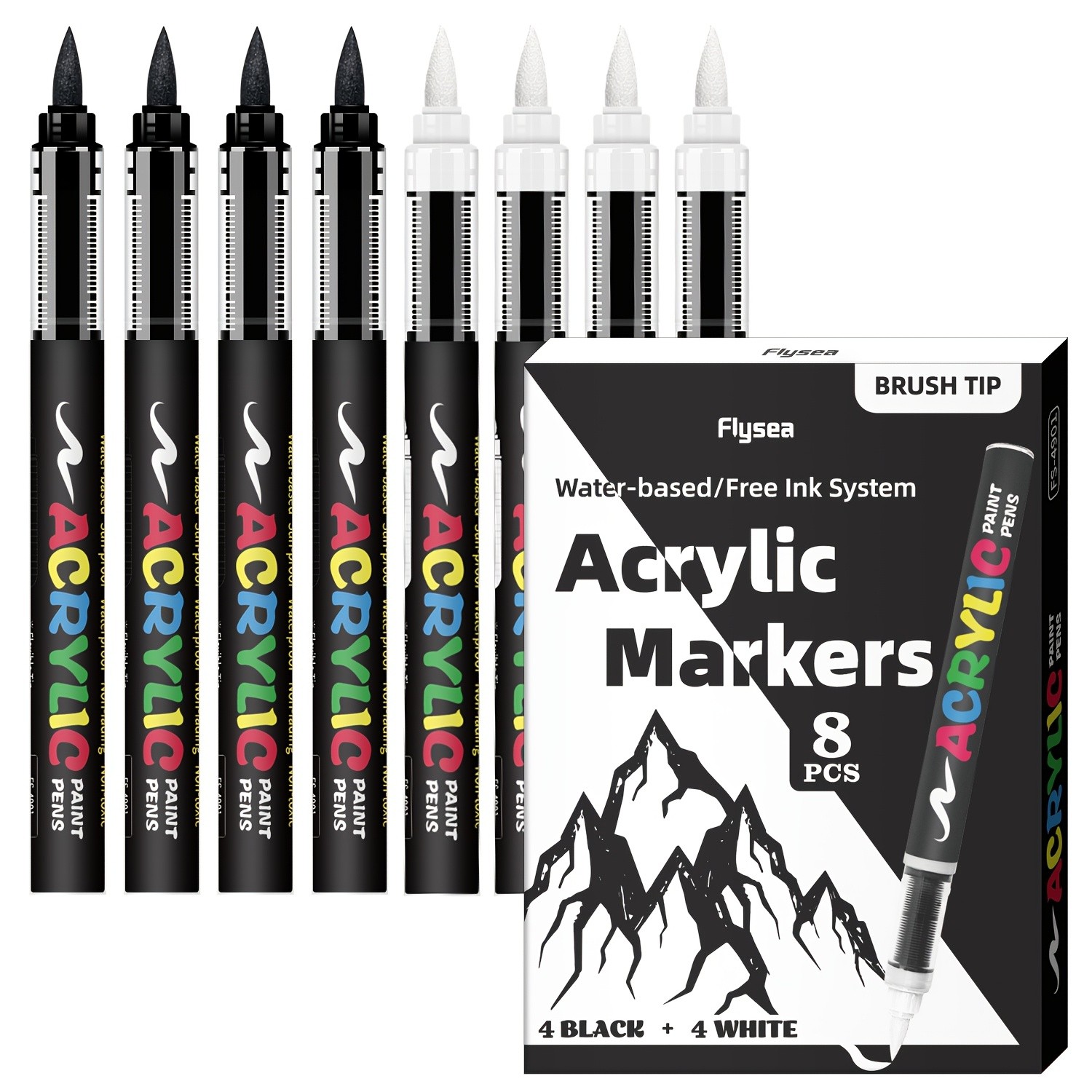 FLYSEA 8pcs Professional Water-Based Acrylic Paint Marker Pens – Soft Brush Tip, Multi-Surface, Black & White Set with 8 Color-Coding Caps