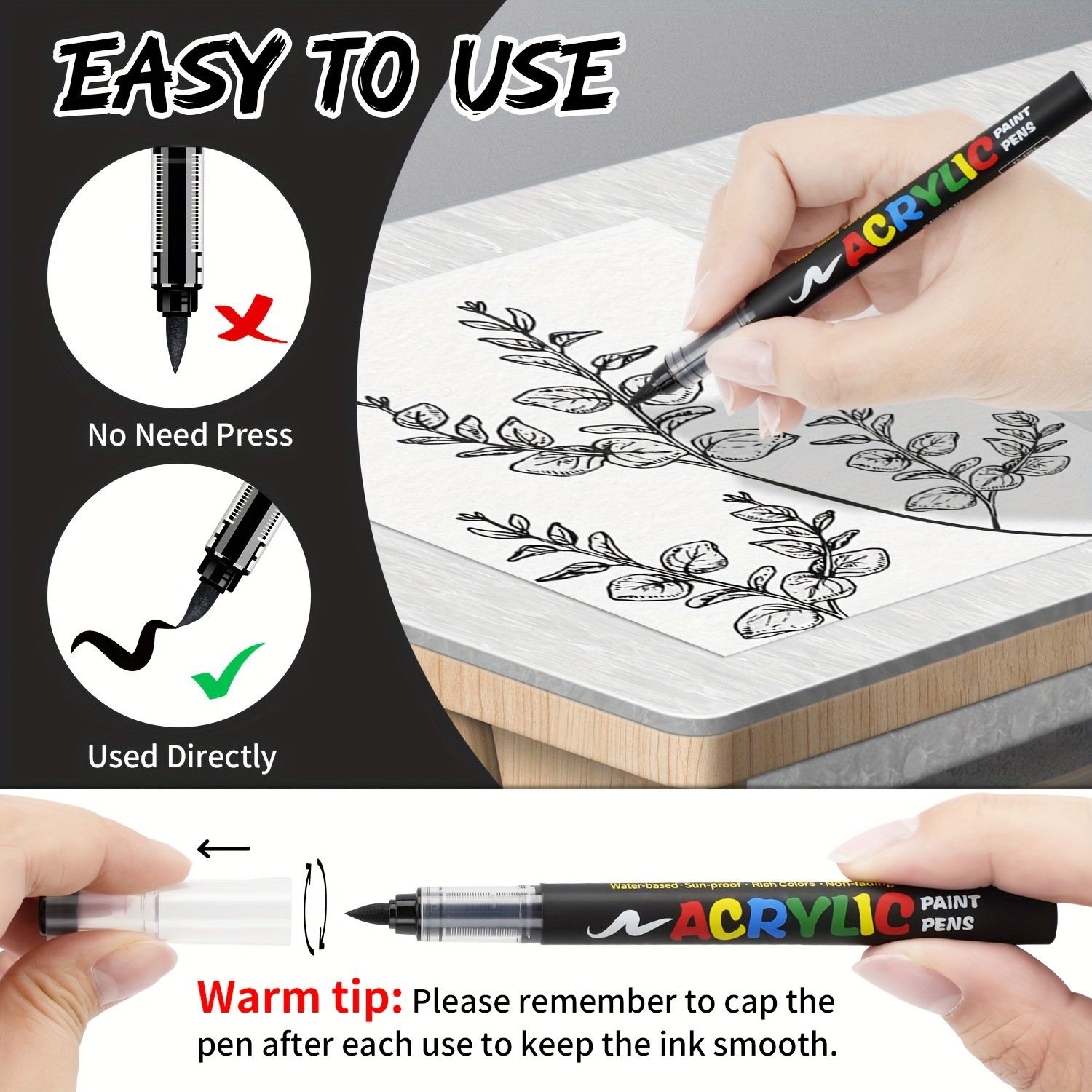 FLYSEA 8pcs Professional Water-Based Acrylic Paint Marker Pens – Soft Brush Tip, Multi-Surface, Black & White Set with 8 Color-Coding Caps