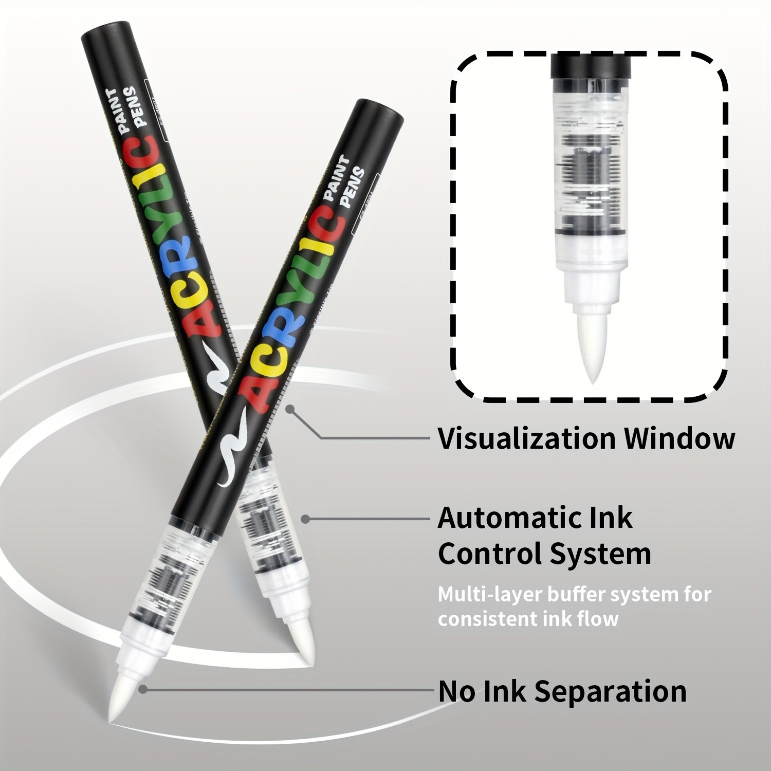 FLYSEA 8pcs Professional Water-Based Acrylic Paint Marker Pens – Soft Brush Tip, Multi-Surface, Black & White Set with 8 Color-Coding Caps