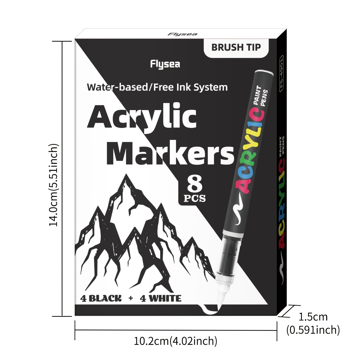 FLYSEA 8pcs Professional Water-Based Acrylic Paint Marker Pens – Soft Brush Tip, Multi-Surface, Black & White Set with 8 Color-Coding Caps