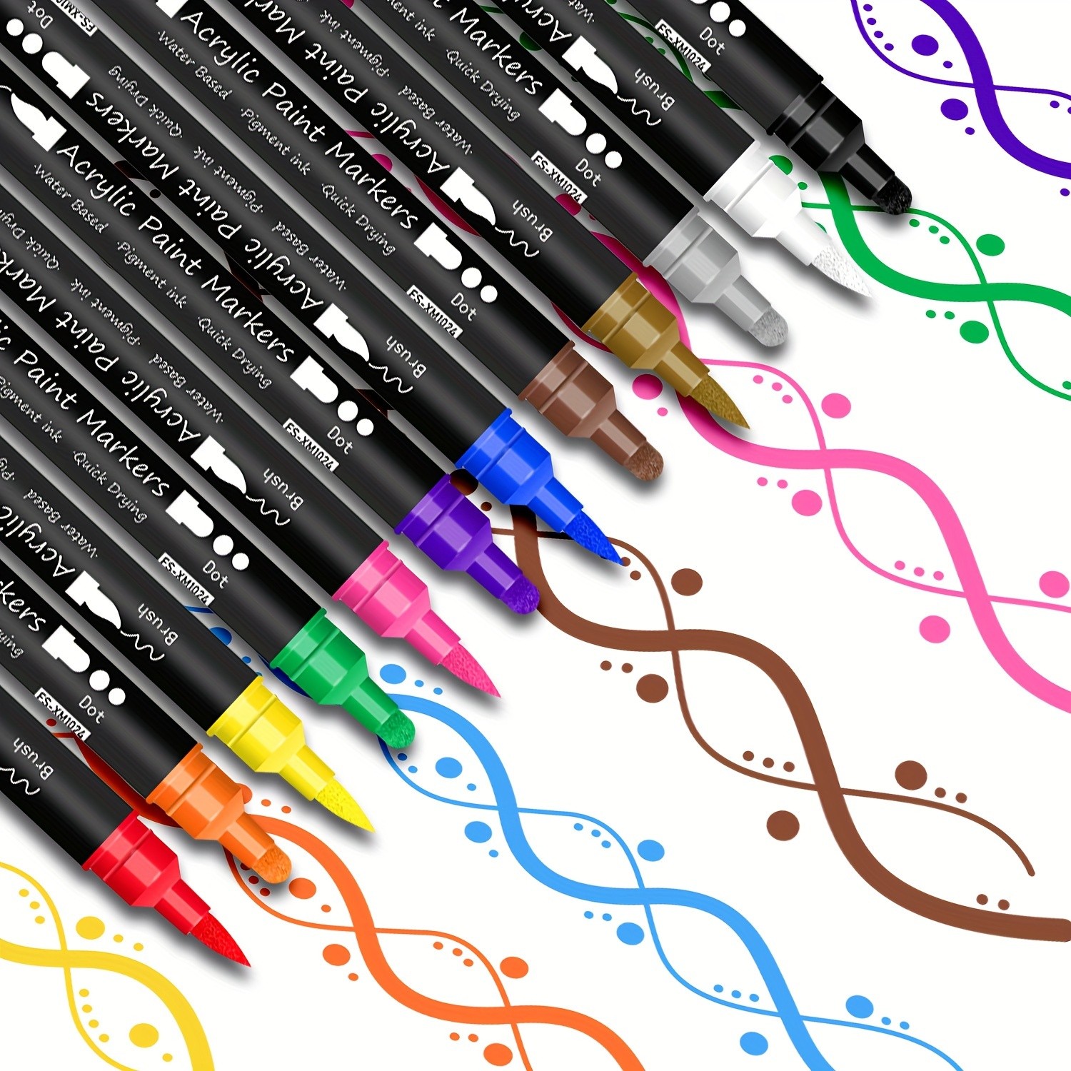 FLYSEA 24pcs Dual-Tip Acrylic Paint Markers – Brush Tip + Dot Tip Water-Based Markers for Christmas Cards, Rock Painting, Wood & Canvas