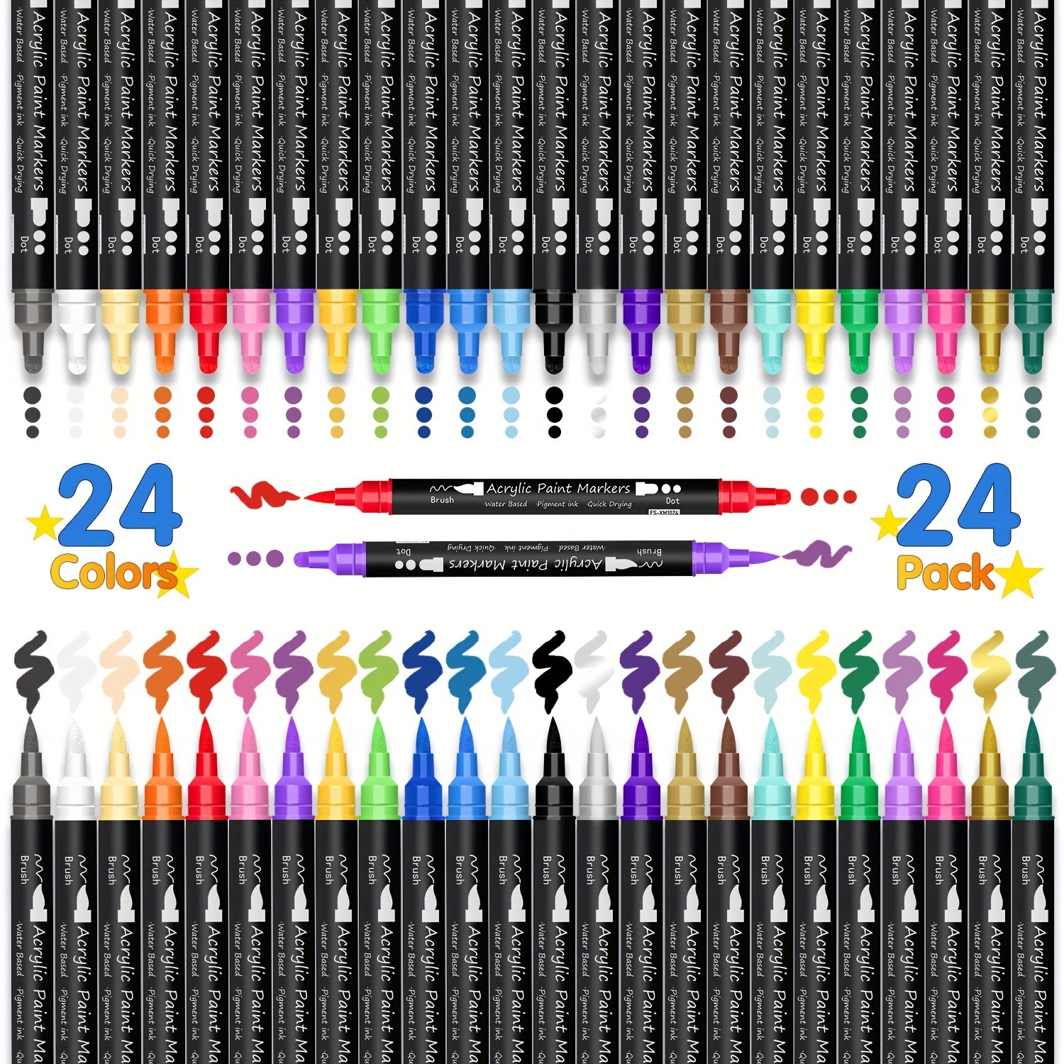FLYSEA 24pcs Dual-Tip Acrylic Paint Markers – Brush Tip + Dot Tip Water-Based Markers for Christmas Cards, Rock Painting, Wood & Canvas