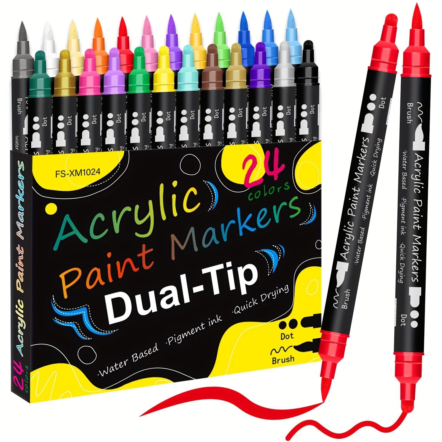 FLYSEA 24pcs Dual-Tip Acrylic Paint Markers – Brush Tip + Dot Tip Water-Based Markers for Christmas Cards, Rock Painting, Wood & Canvas