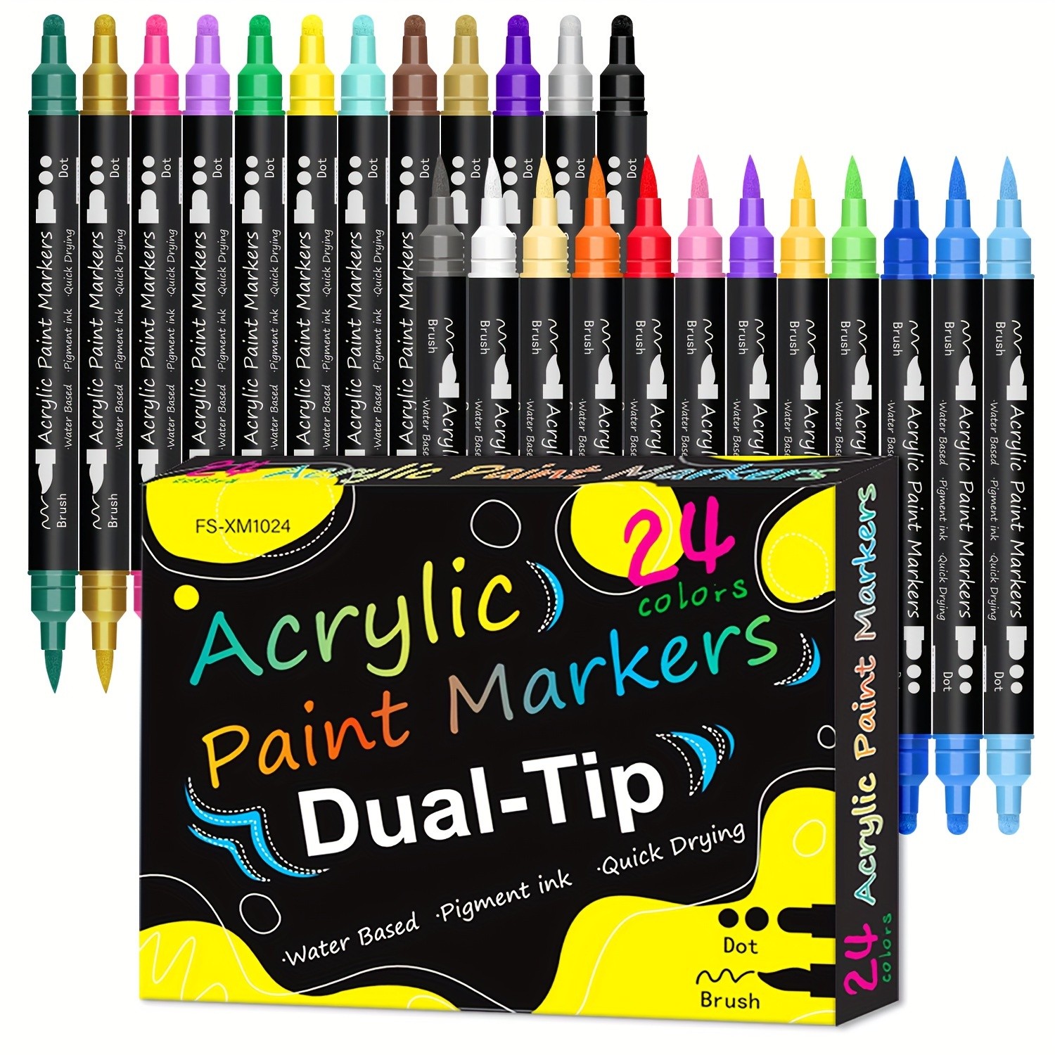 FLYSEA 24pcs Dual-Tip Acrylic Paint Markers – Brush Tip + Dot Tip Water-Based Markers for Christmas Cards, Rock Painting, Wood & Canvas