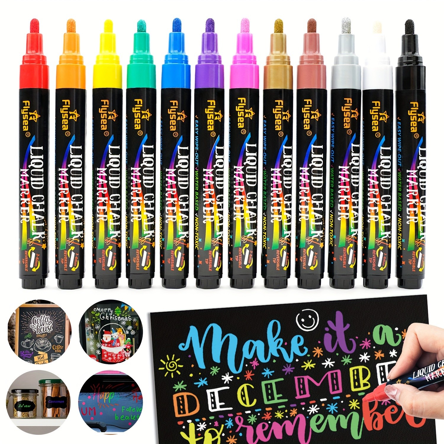 FLYSEA Chalk Markers Set – 8 or 12 Colors with Reversible Tips for Chalkboards, Glass, Windows &amp; Menu Boards