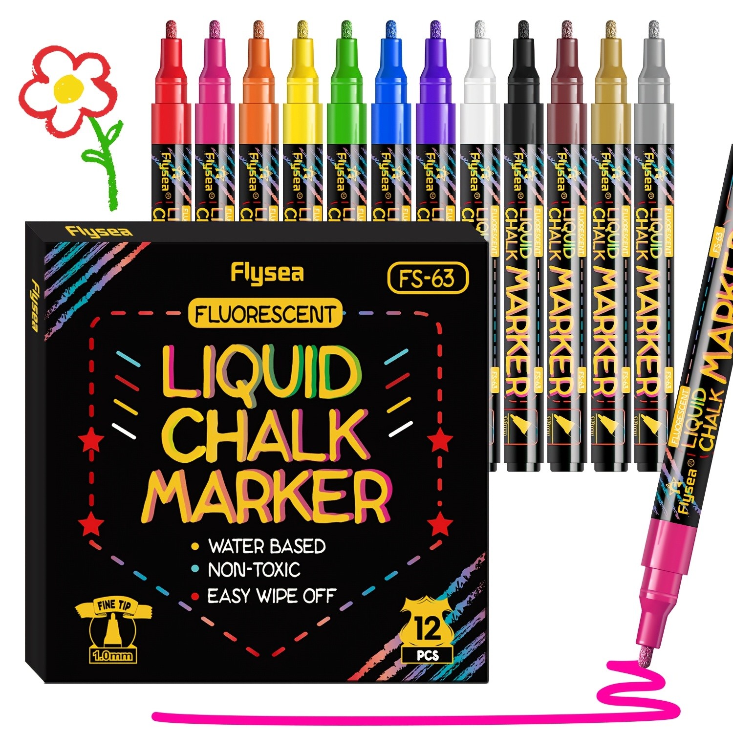 FLYSEA 8pcs / 12pcs Neon Chalk Markers – Erasable Liquid Chalk Pens for Professional Art & Non-Porous Surfaces