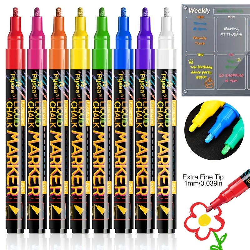 FLYSEA 8pcs / 12pcs Neon Chalk Markers – Erasable Liquid Chalk Pens for Professional Art & Non-Porous Surfaces