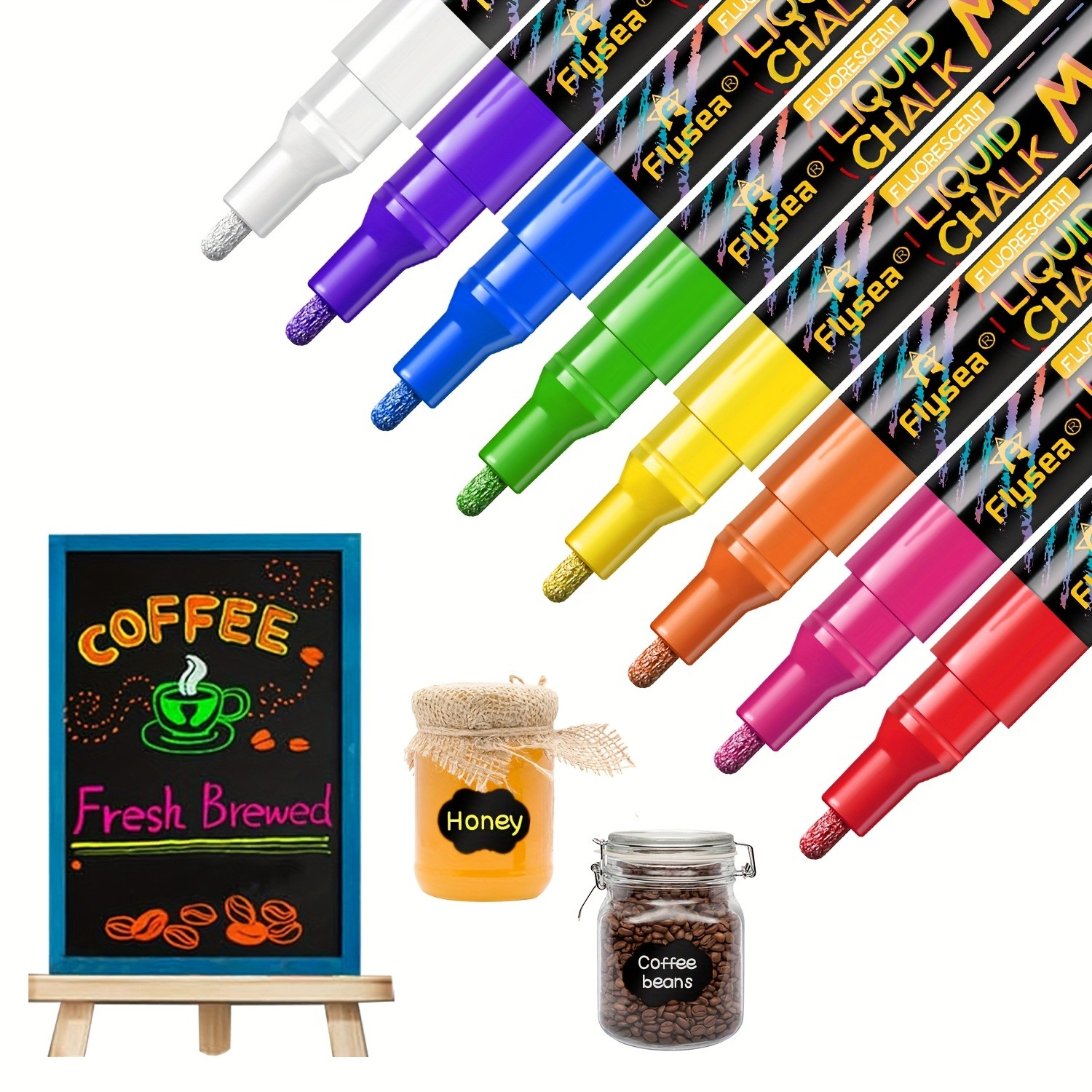 FLYSEA 8pcs / 12pcs Neon Chalk Markers – Erasable Liquid Chalk Pens for Professional Art & Non-Porous Surfaces
