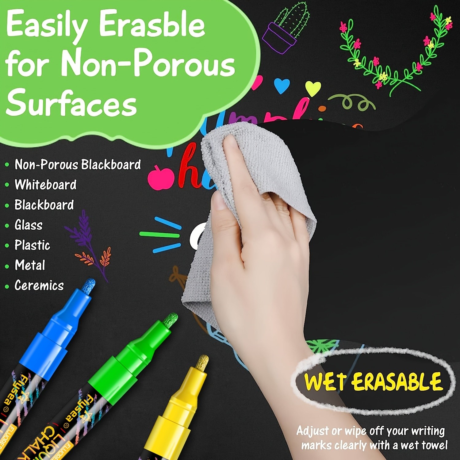 FLYSEA 8pcs / 12pcs Neon Chalk Markers – Erasable Liquid Chalk Pens for Professional Art & Non-Porous Surfaces