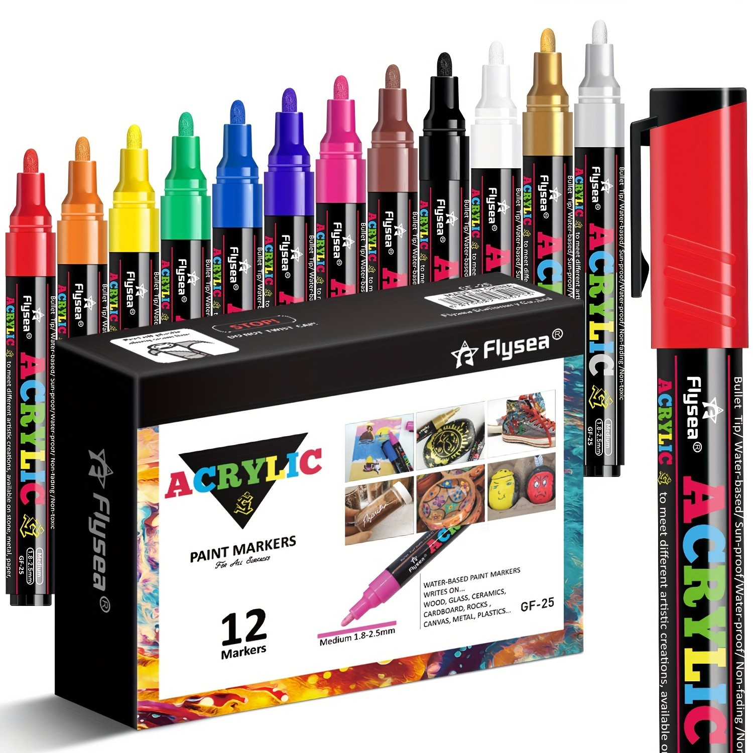 FLYSEA 12pcs Large Capacity Acrylic Paint Markers – Stackable Colors, 2–3mm Medium Point, Water-Based for Rocks, Canvas & Glass