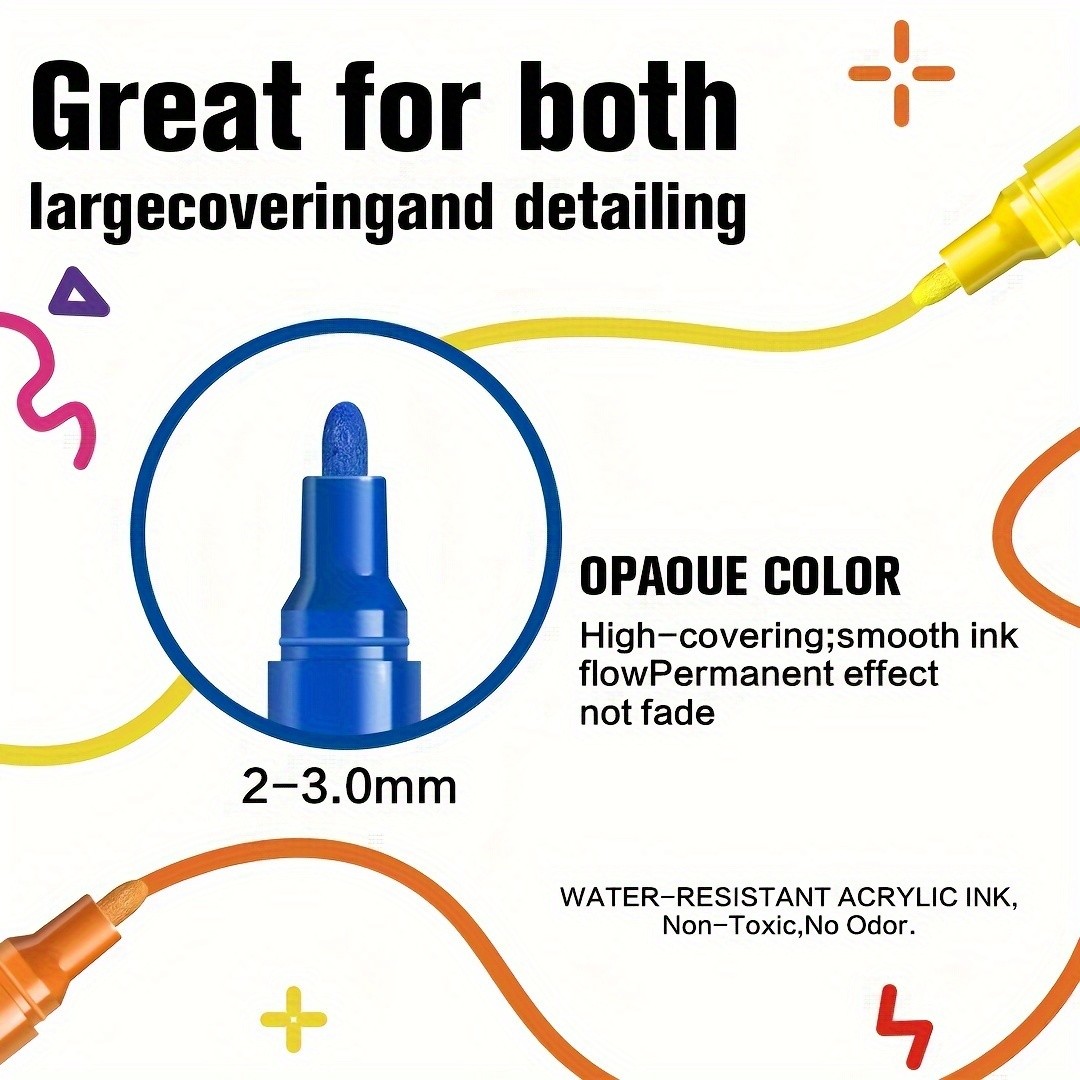 FLYSEA 12pcs Large Capacity Acrylic Paint Markers – Stackable Colors, 2–3mm Medium Point, Water-Based for Rocks, Canvas & Glass