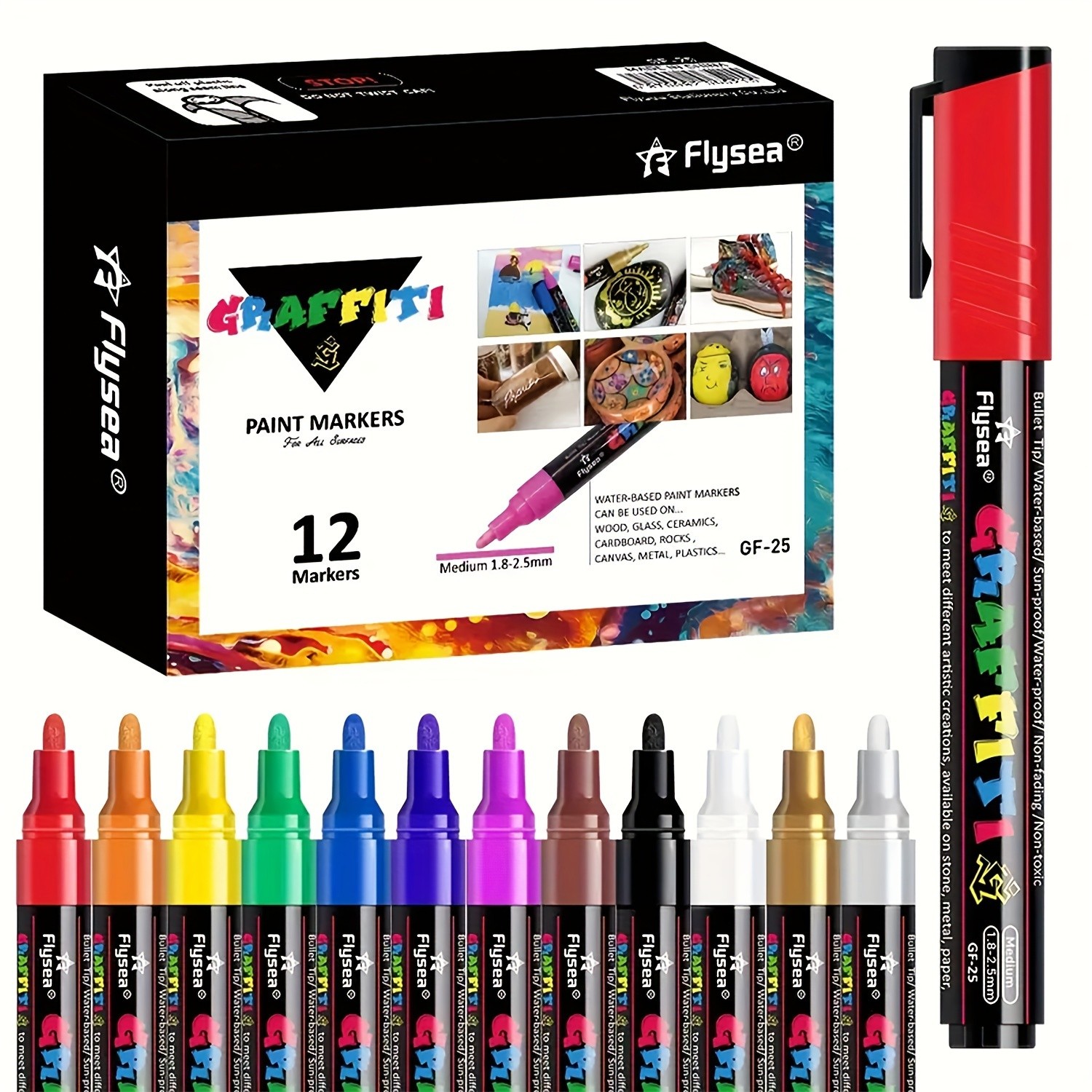 FLYSEA 12pcs Large Capacity Acrylic Paint Markers – Stackable Colors, 2–3mm Medium Point, Water-Based for Rocks, Canvas & Glass