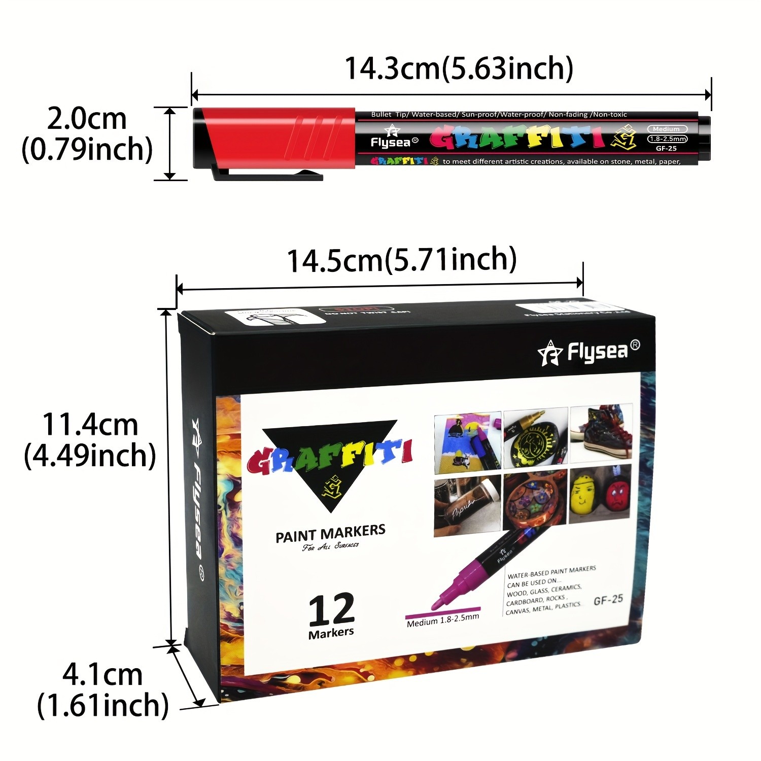 FLYSEA 12pcs Large Capacity Acrylic Paint Markers – Stackable Colors, 2–3mm Medium Point, Water-Based for Rocks, Canvas & Glass