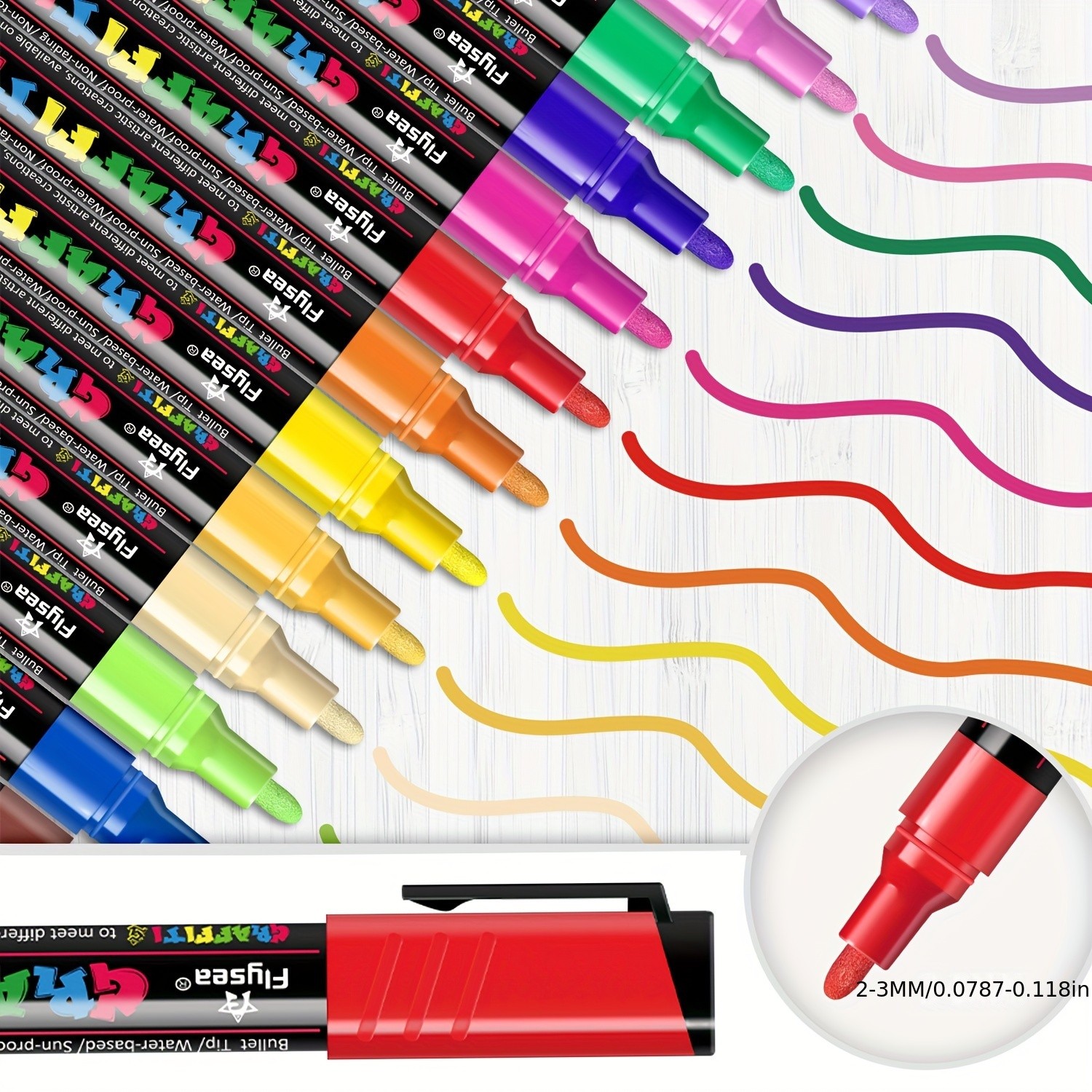 FLYSEA 12pcs Large Capacity Acrylic Paint Markers – Stackable Colors, 2–3mm Medium Point, Water-Based for Rocks, Canvas & Glass