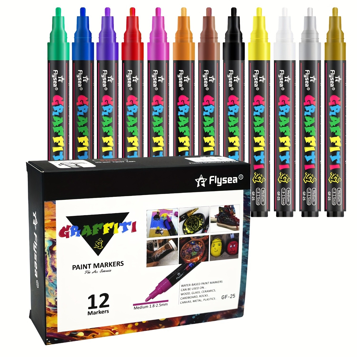 FLYSEA 12pcs Large Capacity Acrylic Paint Markers – Stackable Colors, 2–3mm Medium Point, Water-Based for Rocks, Canvas & Glass