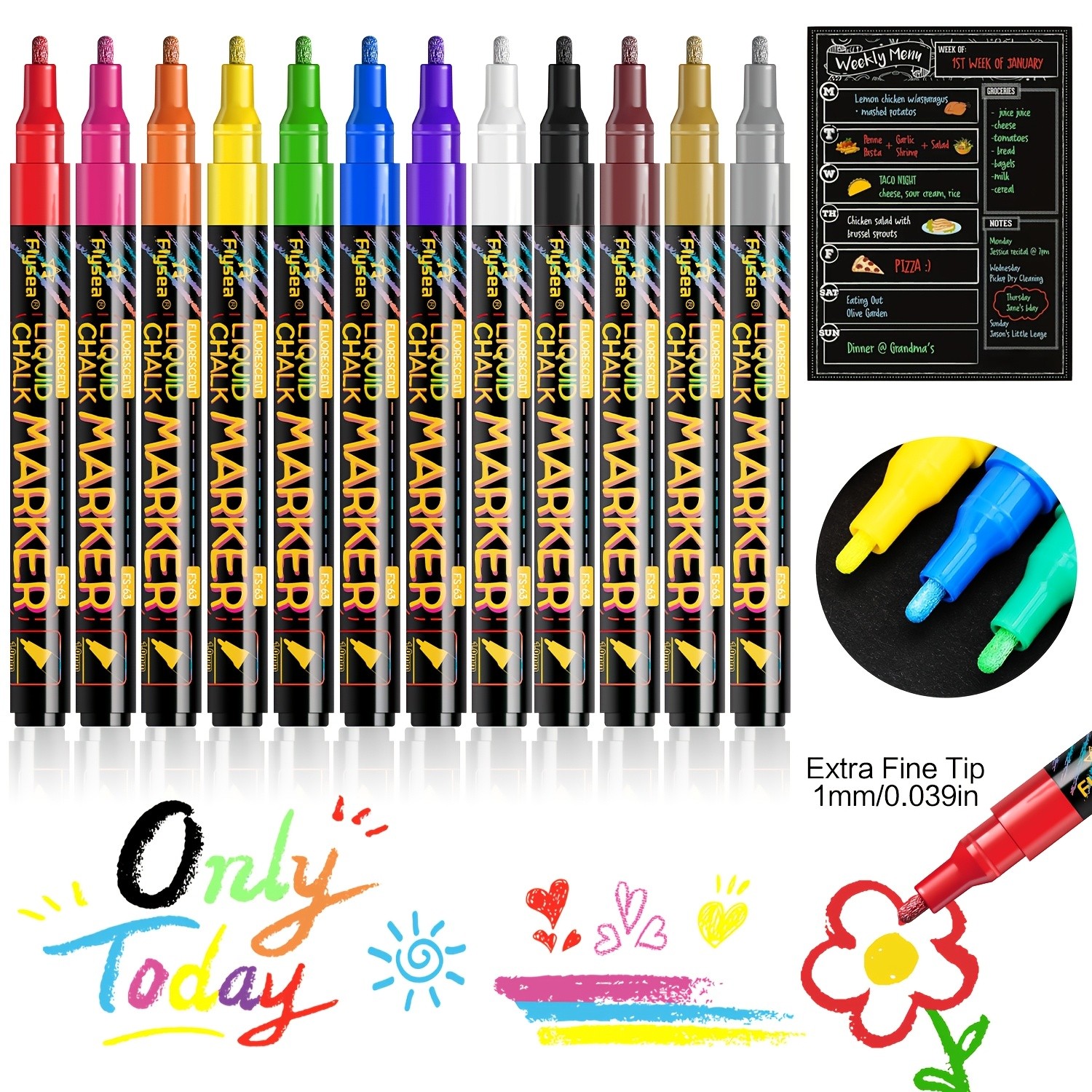 FLYSEA 12pcs Neon Chalk Markers – 0.1cm Extra-Fine Tip, Water-Based, Washable & Non-Toxic Liquid Chalk Pens