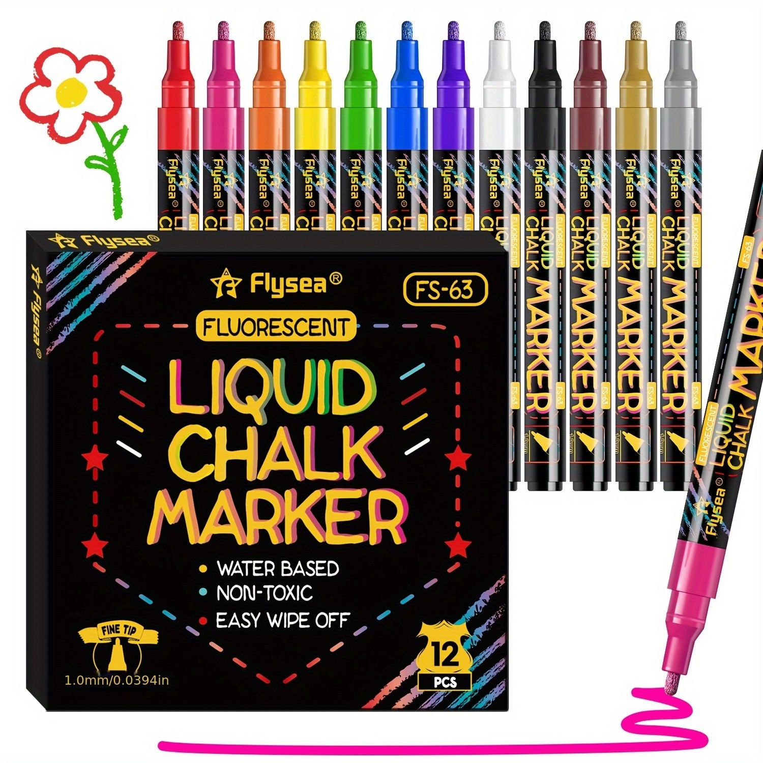 FLYSEA 12pcs Neon Chalk Markers – 0.1cm Extra-Fine Tip, Water-Based, Washable & Non-Toxic Liquid Chalk Pens