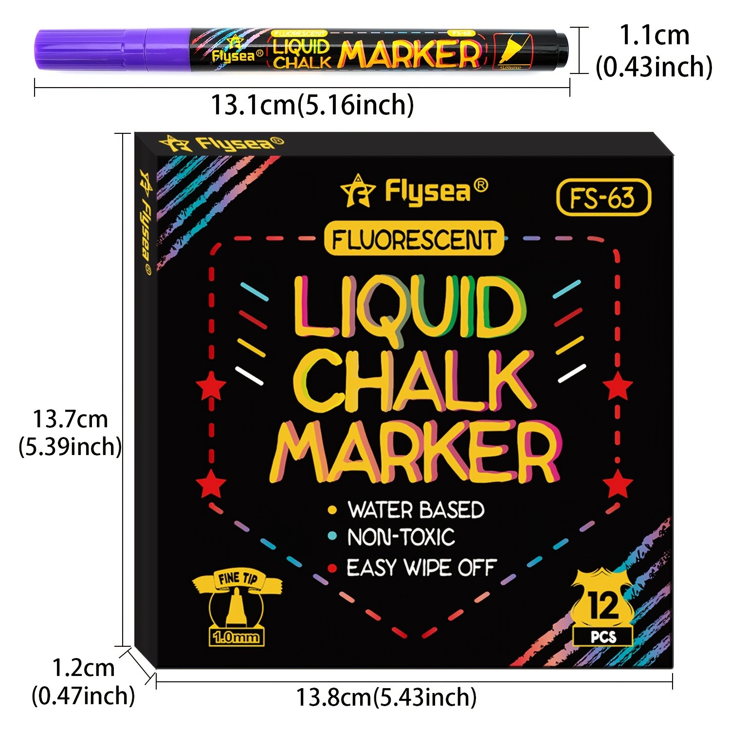 FLYSEA 12pcs Neon Chalk Markers – 0.1cm Extra-Fine Tip, Water-Based, Washable & Non-Toxic Liquid Chalk Pens