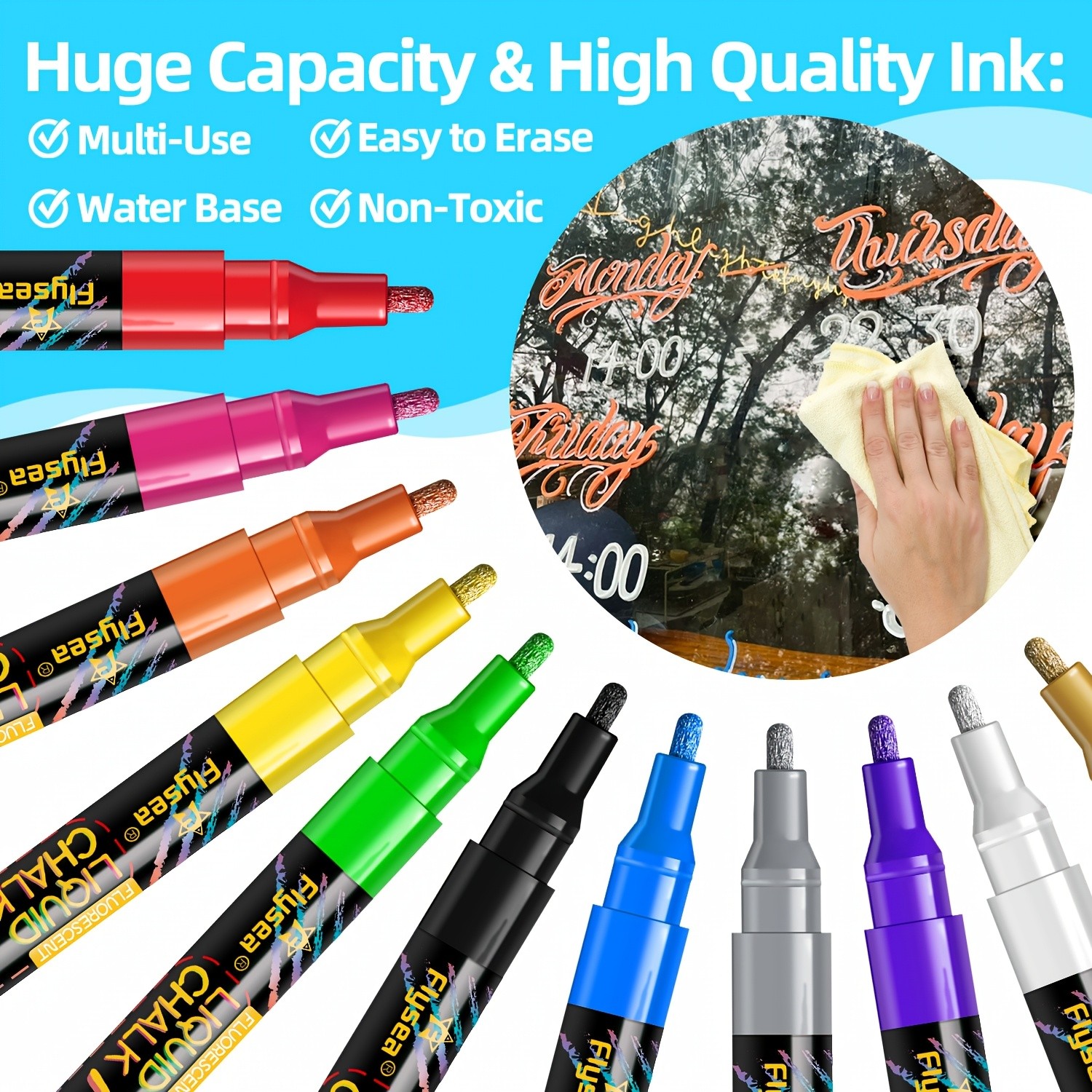 FLYSEA 12pcs Neon Chalk Markers – 0.1cm Extra-Fine Tip, Water-Based, Washable & Non-Toxic Liquid Chalk Pens