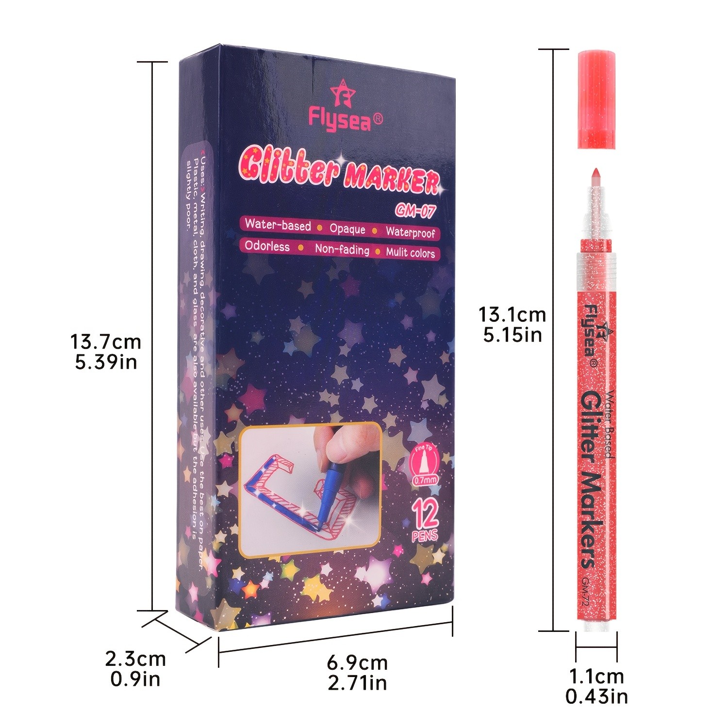 FLYSEA 12pcs 0.7mm Fine Tip Glitter Acrylic Marker Pens – Water-Based Glitter Ink for Scrapbooks, Writing & Multi-Surface Art