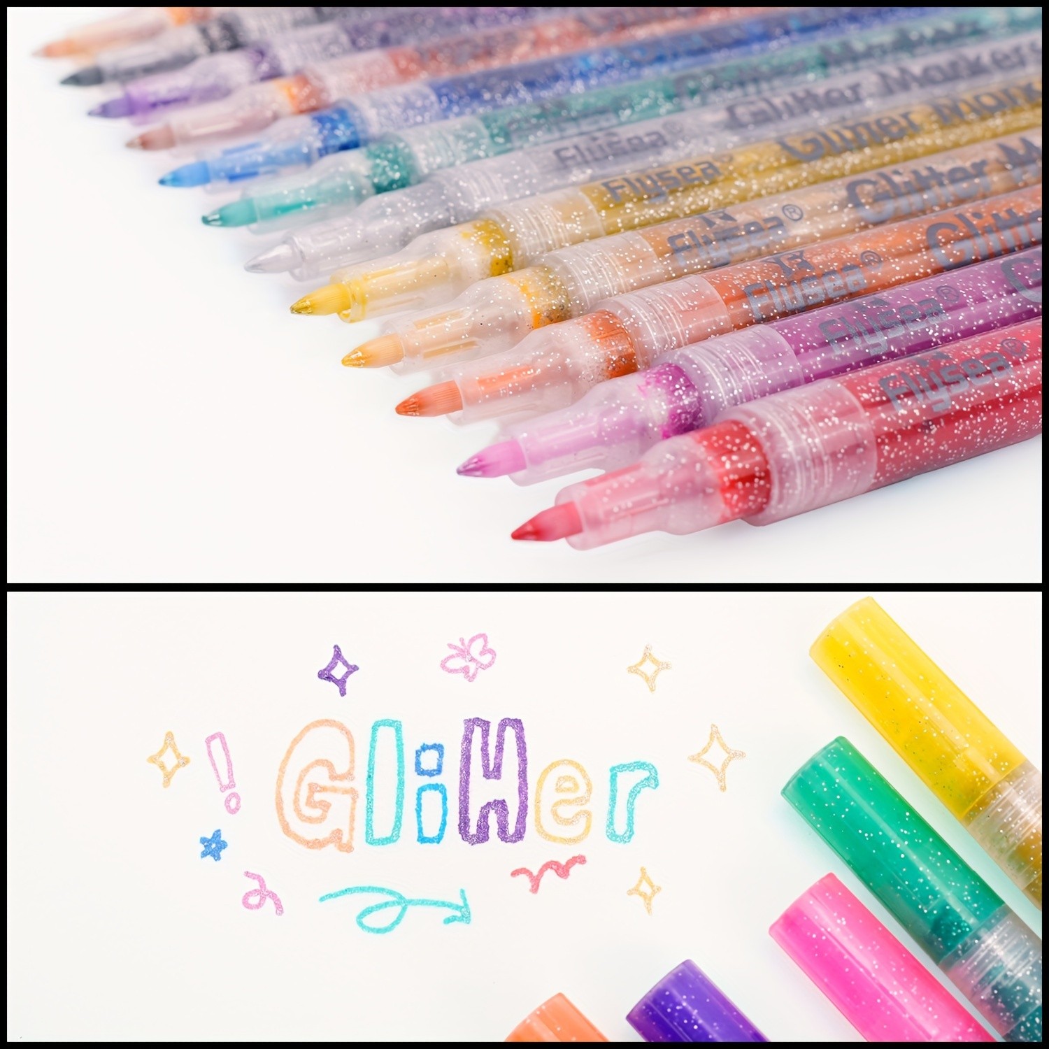 FLYSEA 12pcs 0.7mm Fine Tip Glitter Acrylic Marker Pens – Water-Based Glitter Ink for Scrapbooks, Writing & Multi-Surface Art