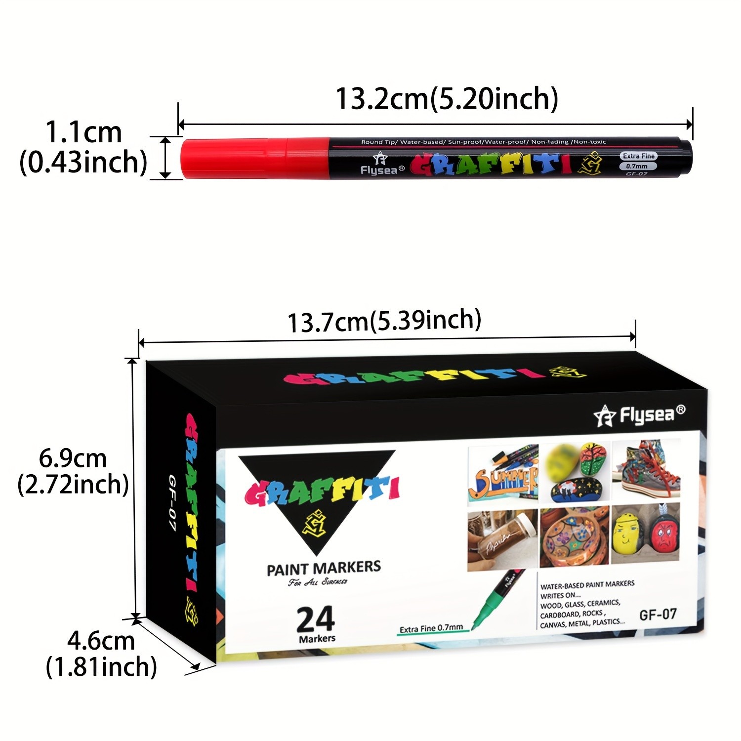 FLYSEA 24 Colors Graffiti Paint Pens – Extra-Fine Tip Acrylic Markers for Rock, Stone, Ceramic, Glass, Wood & Canvas