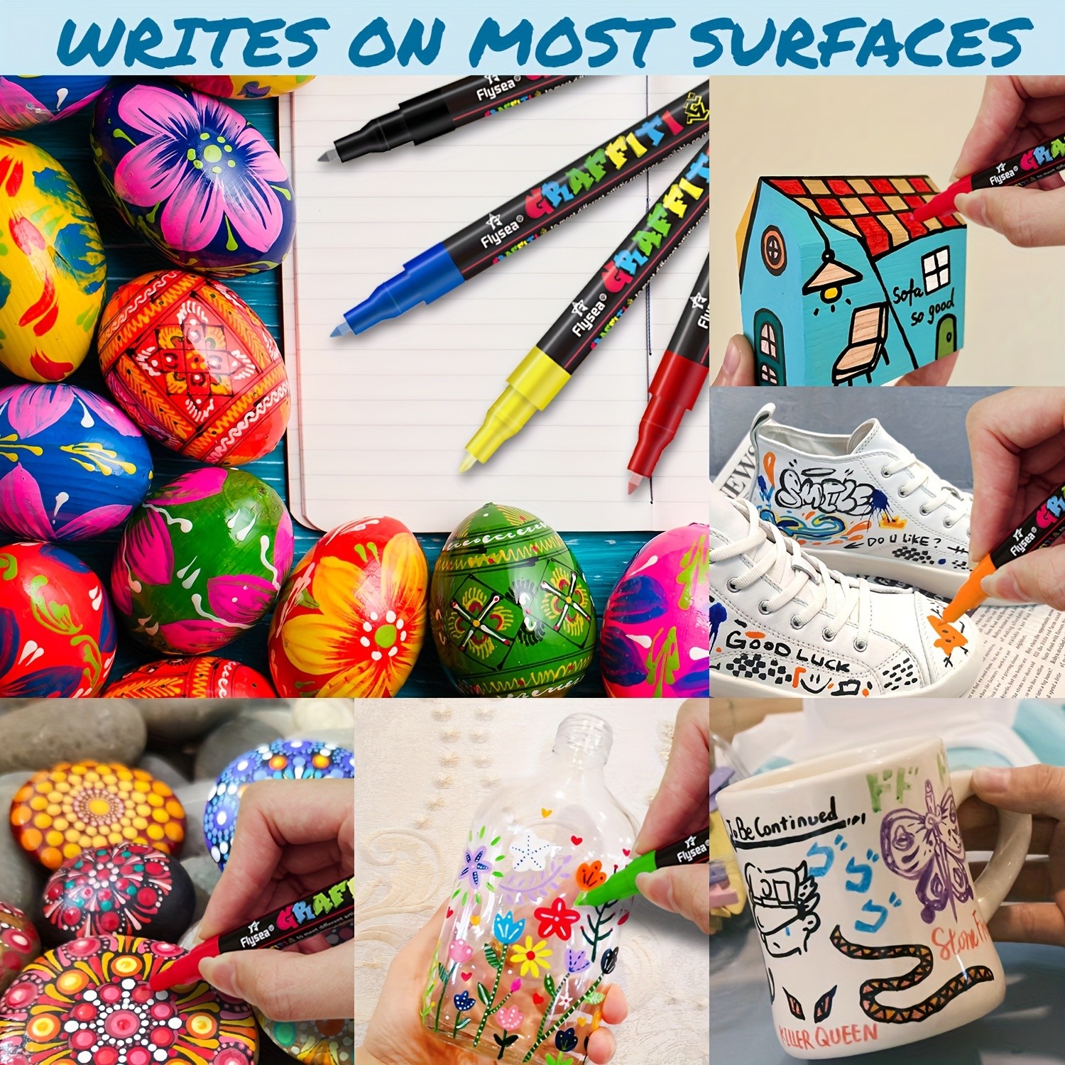 FLYSEA 24 Colors Graffiti Paint Pens – Extra-Fine Tip Acrylic Markers for Rock, Stone, Ceramic, Glass, Wood & Canvas