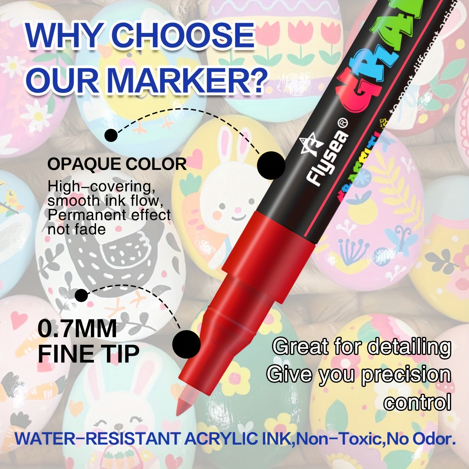 FLYSEA 24 Colors Graffiti Paint Pens – Extra-Fine Tip Acrylic Markers for Rock, Stone, Ceramic, Glass, Wood & Canvas