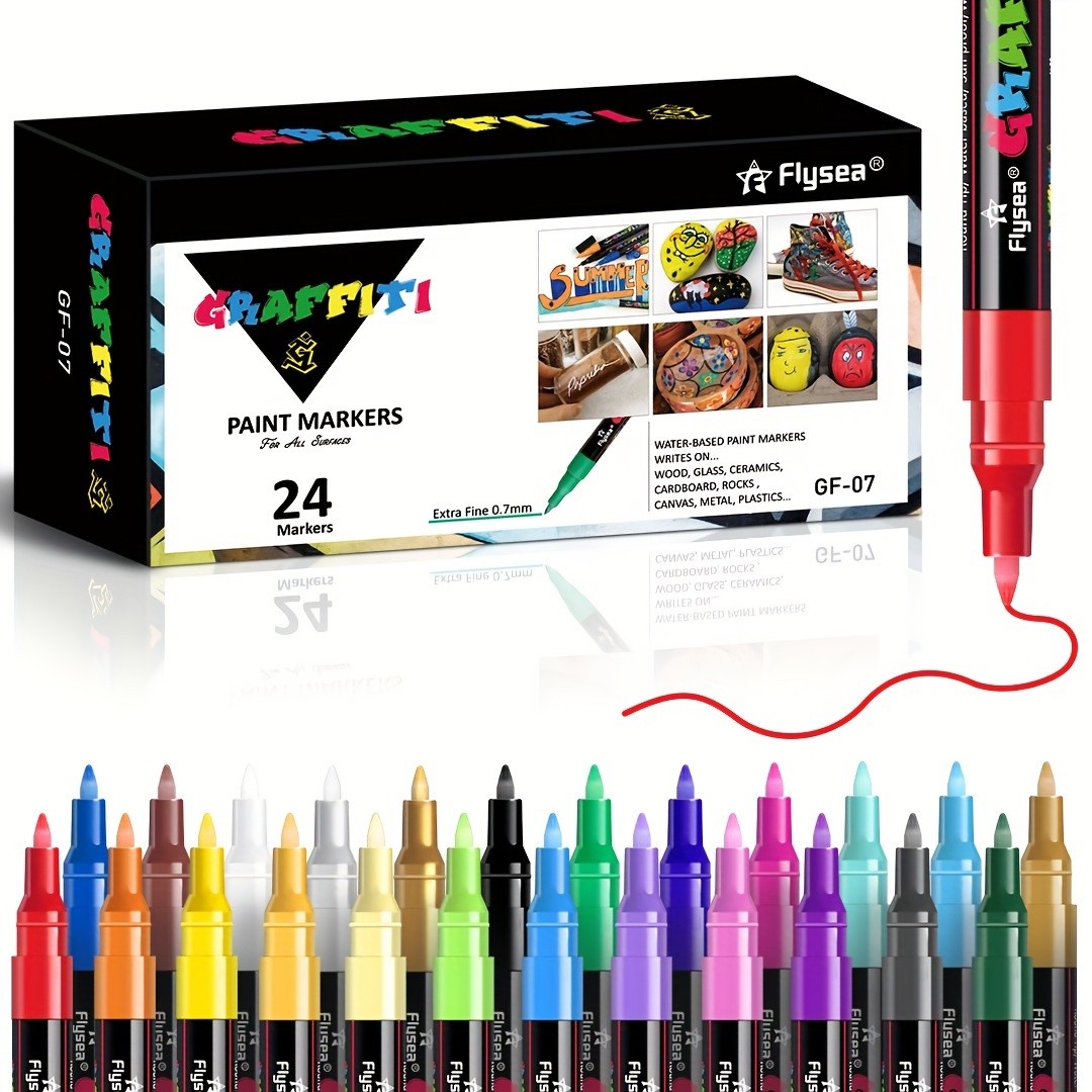 FLYSEA 24 Colors Graffiti Paint Pens – Extra-Fine Tip Acrylic Markers for Rock, Stone, Ceramic, Glass, Wood & Canvas
