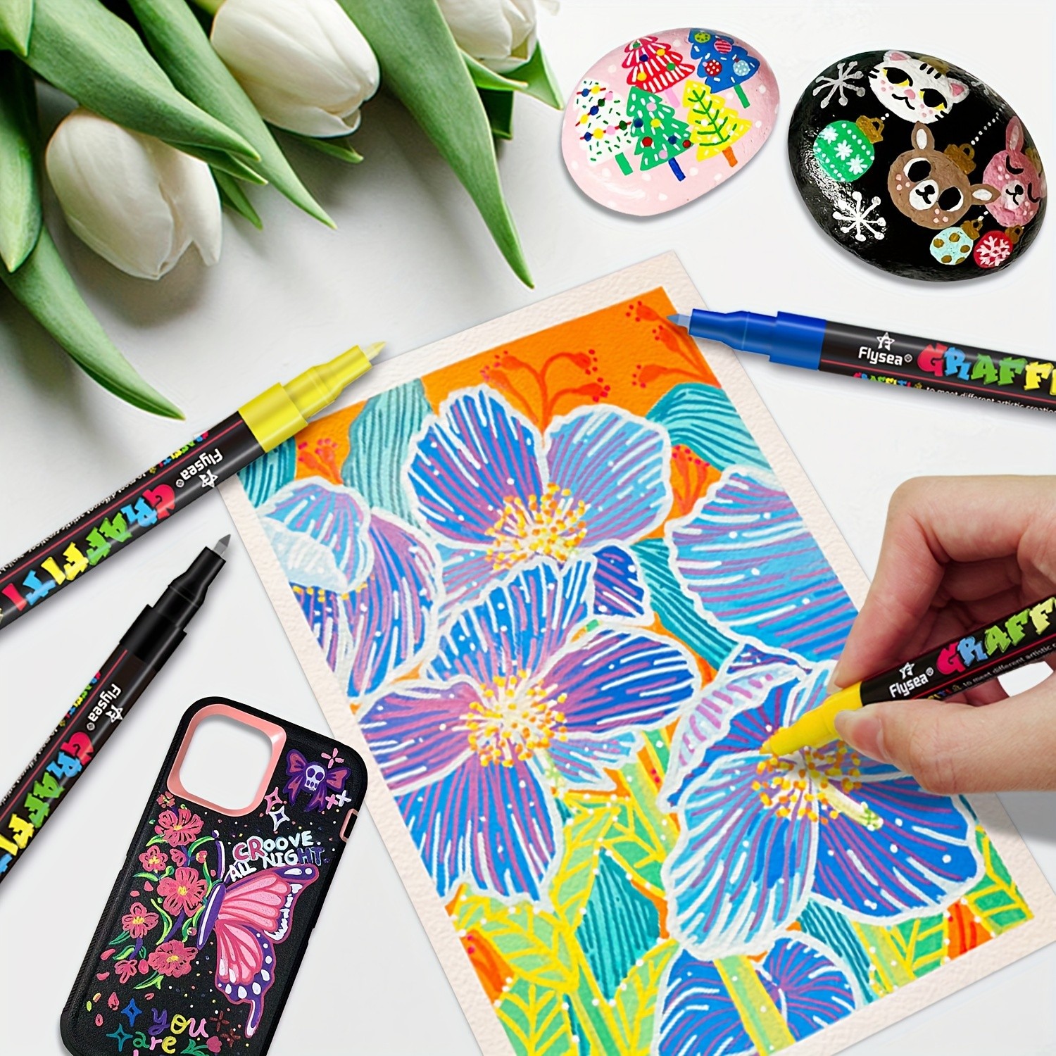 FLYSEA 24 Colors Graffiti Paint Pens – Extra-Fine Tip Acrylic Markers for Rock, Stone, Ceramic, Glass, Wood & Canvas