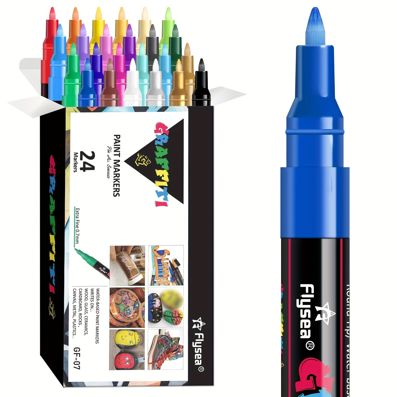FLYSEA 24 Colors Graffiti Paint Pens – Extra-Fine Tip Acrylic Markers for Rock, Stone, Ceramic, Glass, Wood & Canvas