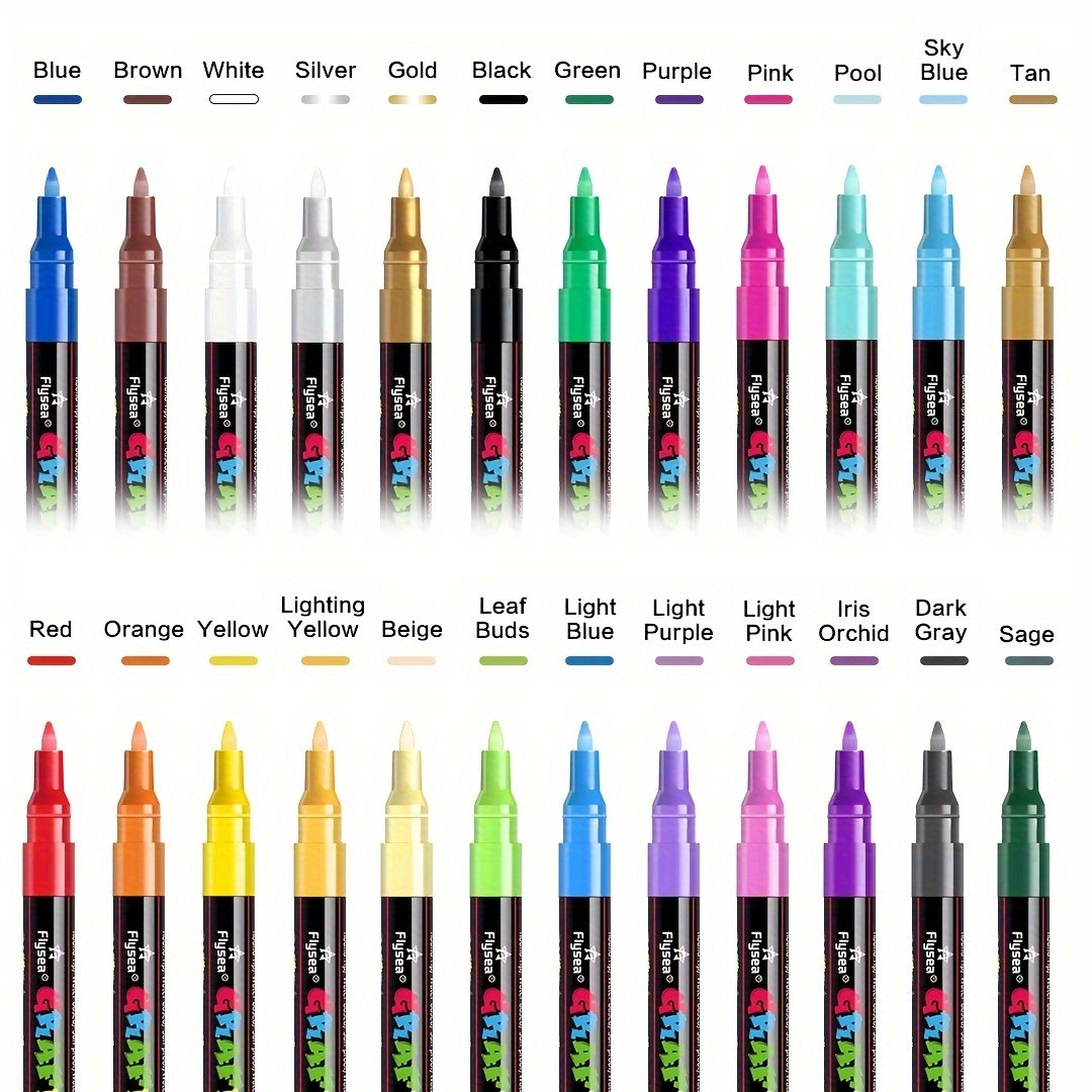 FLYSEA 24 Colors Graffiti Paint Pens – Extra-Fine Tip Acrylic Markers for Rock, Stone, Ceramic, Glass, Wood & Canvas