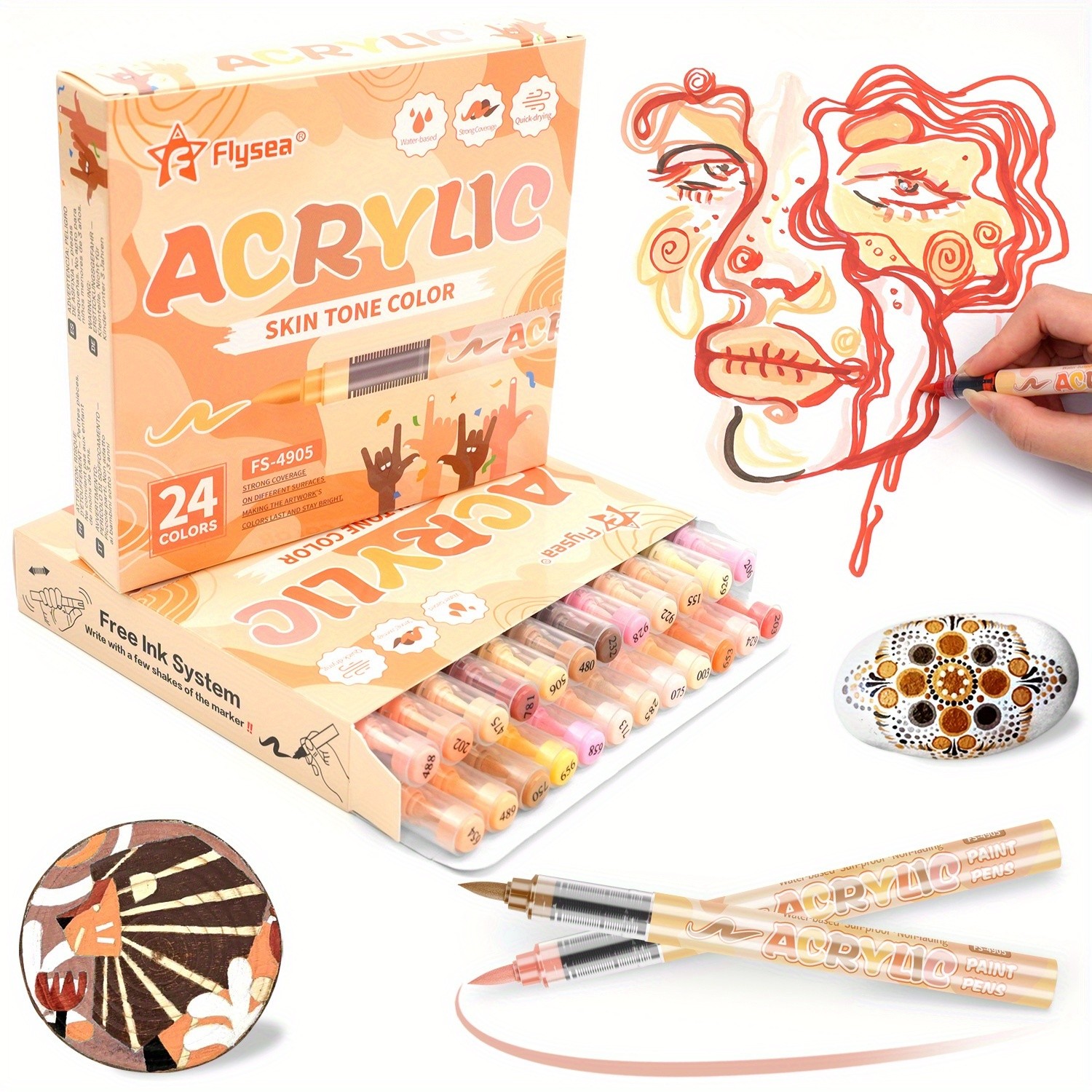 FLYSEA 24/36 Colors Acrylic Marker Set – Vibrant Water-Based Brush Pens for Professional Painting & Creative Projects