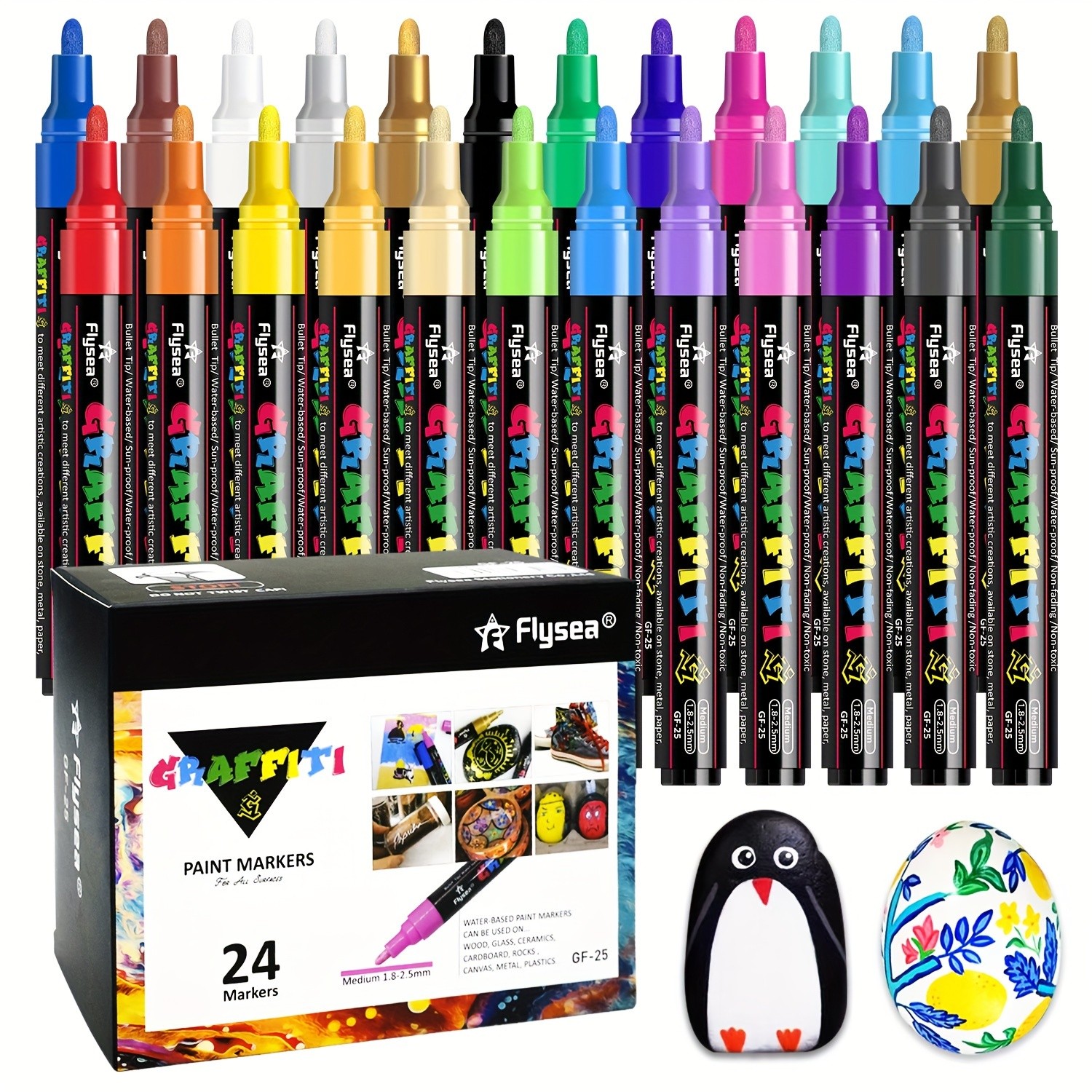 FLYSEA 24pcs Acrylic Paint Marker Pens – Medium Tip, Waterproof, Quick-Drying Pens for Skateboards, Canvas, Wood, Stone & DIY Crafts