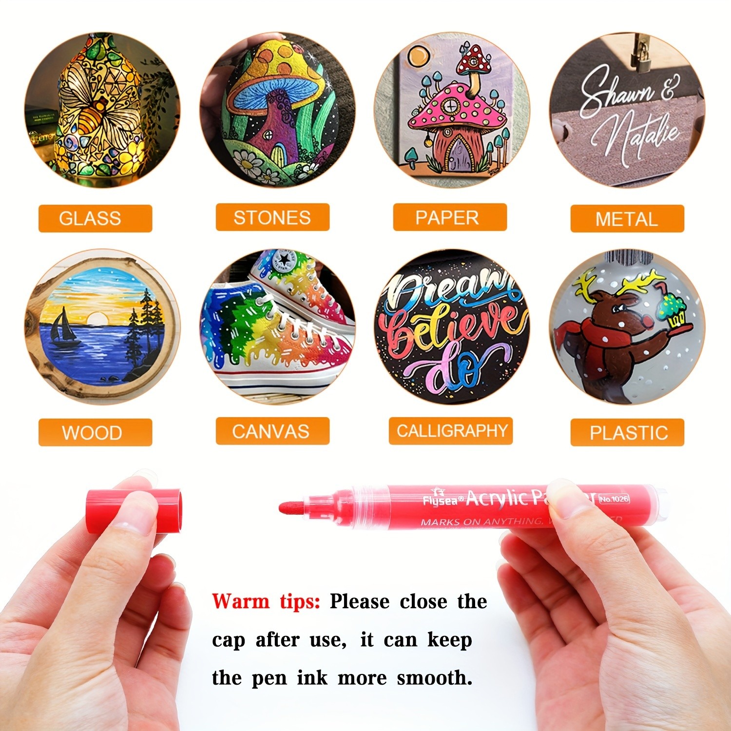 FLYSEA 24pcs Acrylic Paint Marker Pens – Medium Tip, Waterproof, Quick-Drying Pens for Skateboards, Canvas, Wood, Stone & DIY Crafts