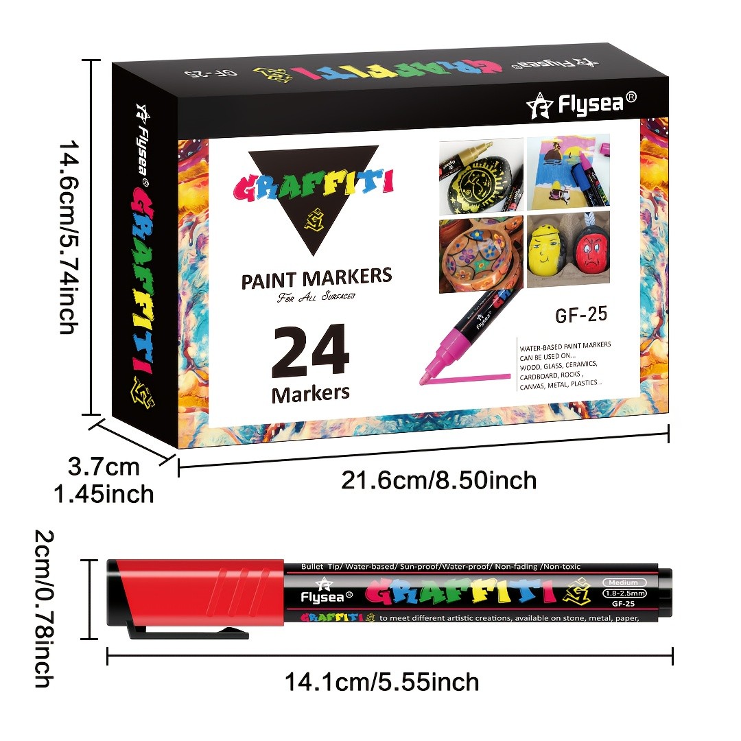 FLYSEA 24pcs Acrylic Paint Marker Pens – Medium Tip, Waterproof, Quick-Drying Pens for Skateboards, Canvas, Wood, Stone & DIY Crafts