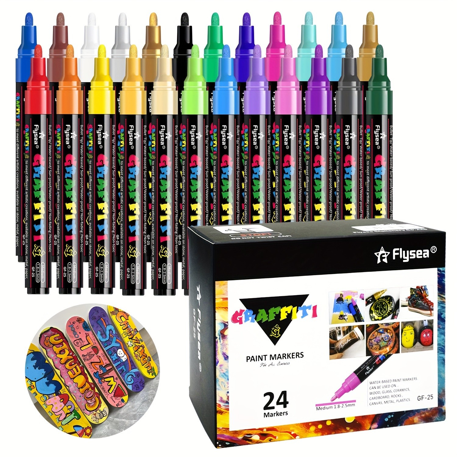 FLYSEA 24pcs Acrylic Paint Marker Pens – Medium Tip, Waterproof, Quick-Drying Pens for Skateboards, Canvas, Wood, Stone & DIY Crafts