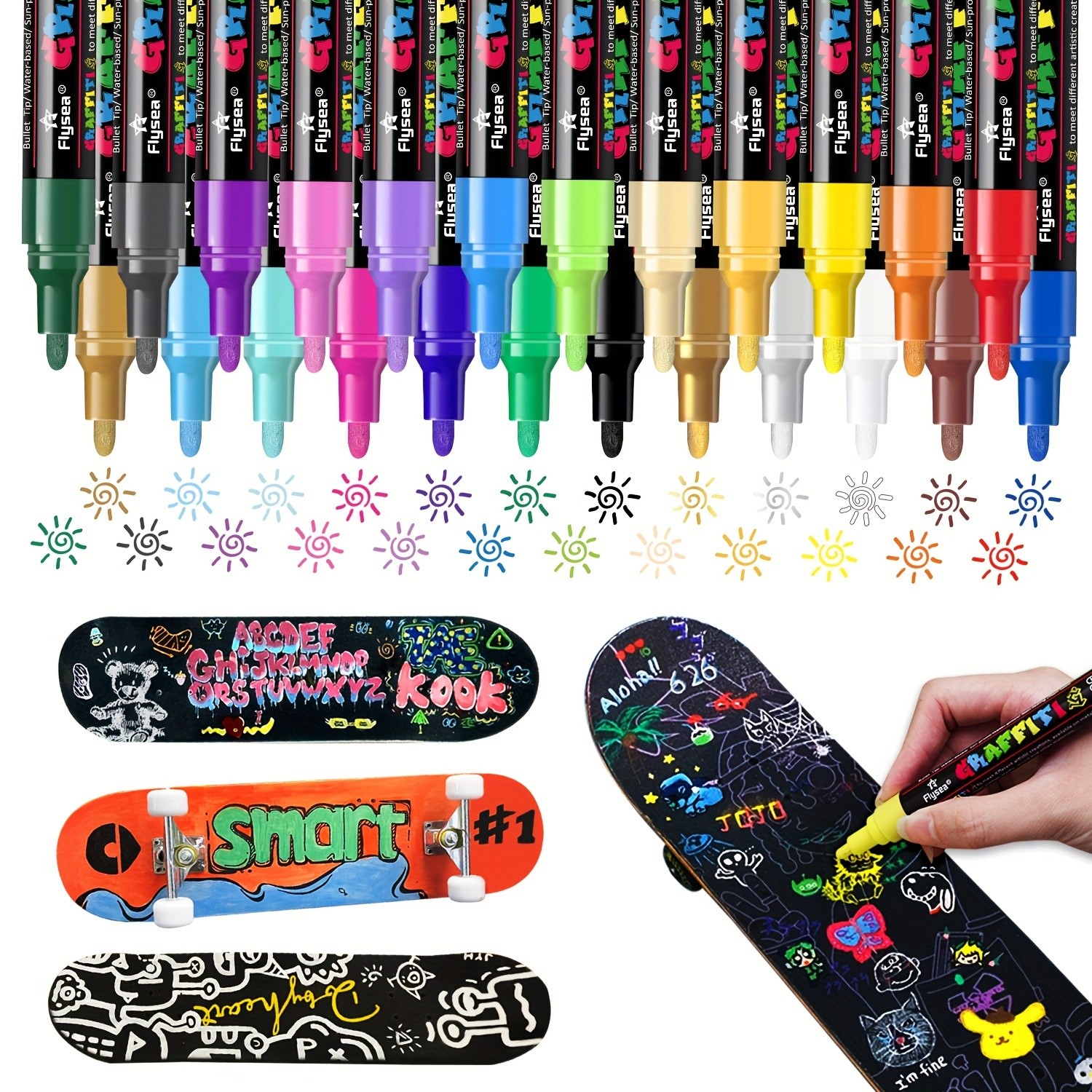 FLYSEA 24pcs Acrylic Paint Marker Pens – Medium Tip, Waterproof, Quick-Drying Pens for Skateboards, Canvas, Wood, Stone & DIY Crafts