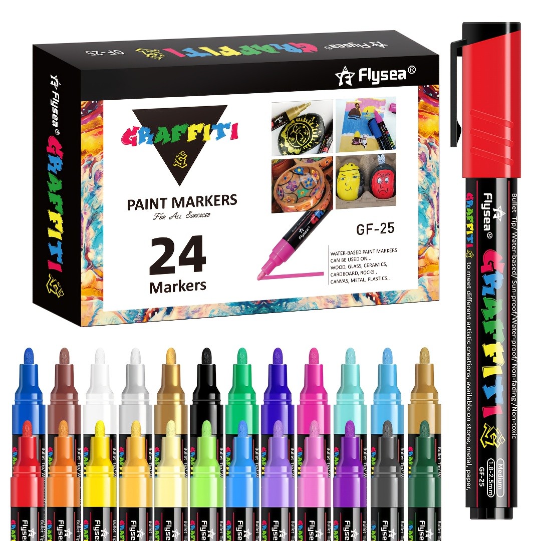 FLYSEA 24pcs Acrylic Paint Marker Pens – Medium Tip, Waterproof, Quick-Drying Pens for Skateboards, Canvas, Wood, Stone & DIY Crafts