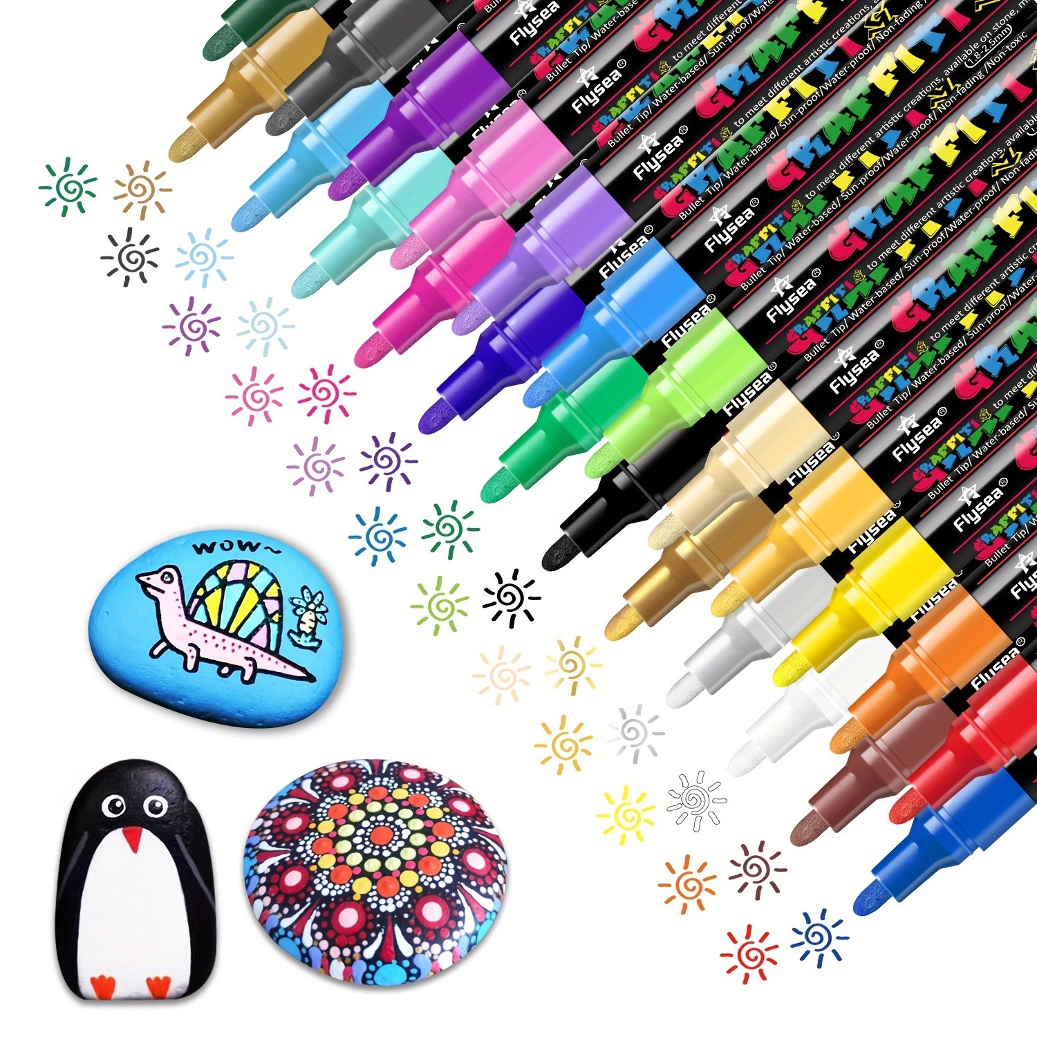 FLYSEA 24pcs Acrylic Paint Marker Pens – Medium Tip, Waterproof, Quick-Drying Pens for Skateboards, Canvas, Wood, Stone & DIY Crafts