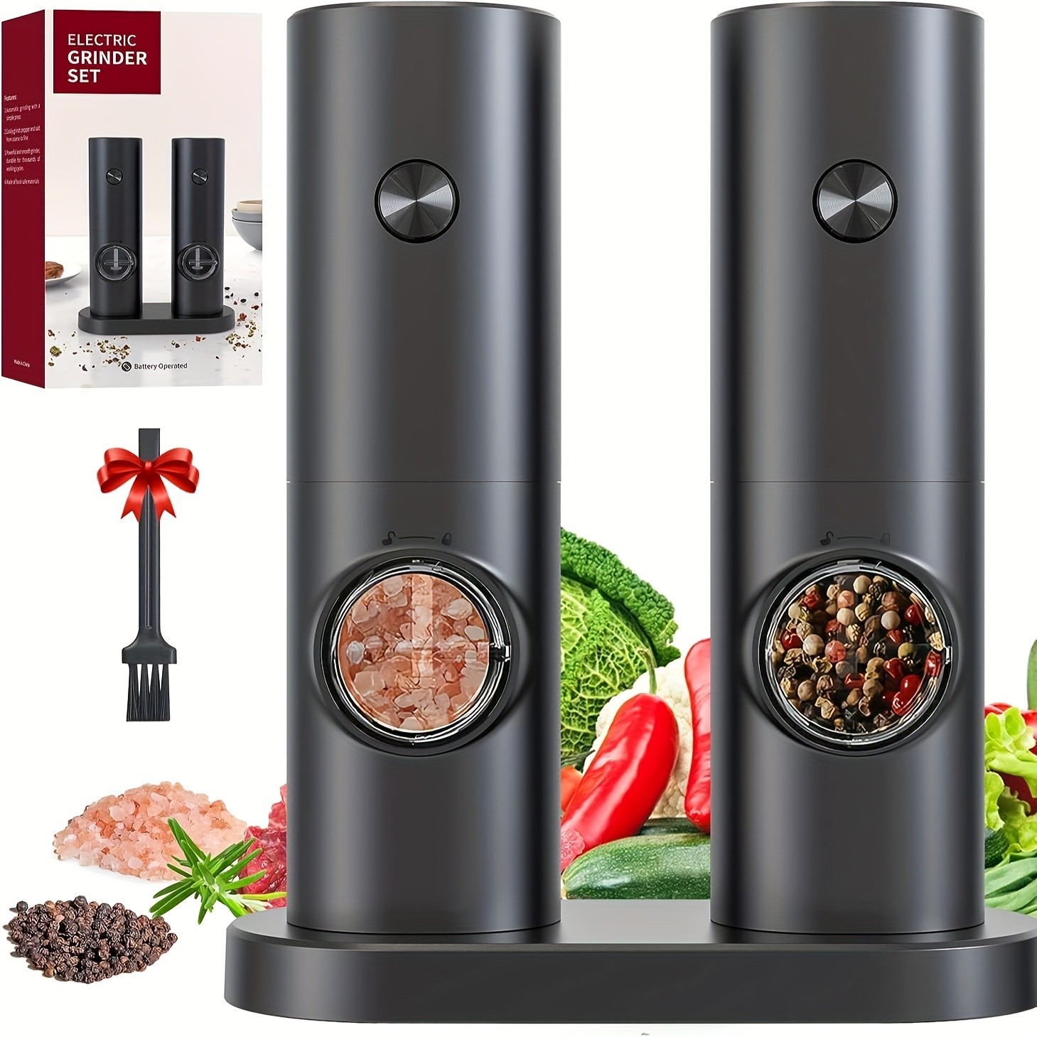 YUMIPLUS Electric Salt & Pepper Grinder Set – Automatic Battery-Operated Mills with Adjustable Coarseness, One-Handed Use & LED Light