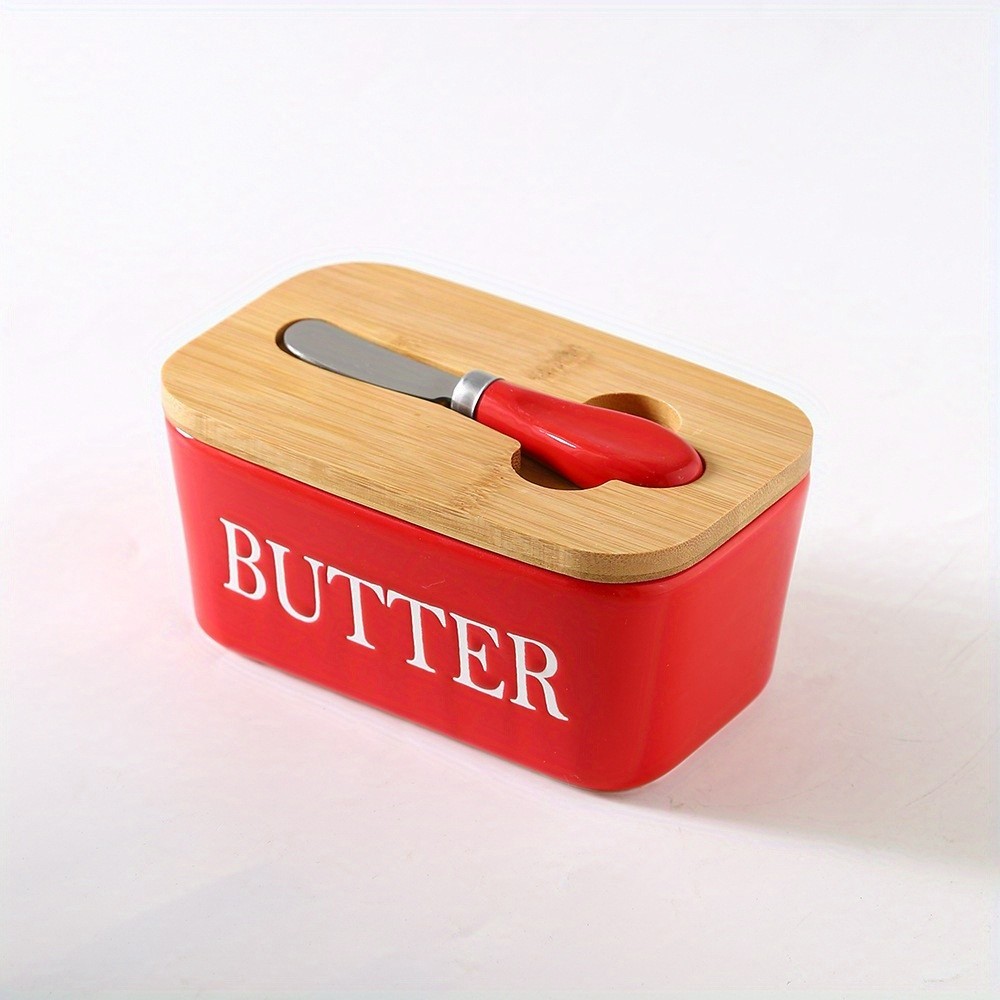 YUMIPLUS Ceramic Butter Dish with Bamboo Lid & Knife – Large Airtight Butter Keeper for Kitchen & Pantry Storage