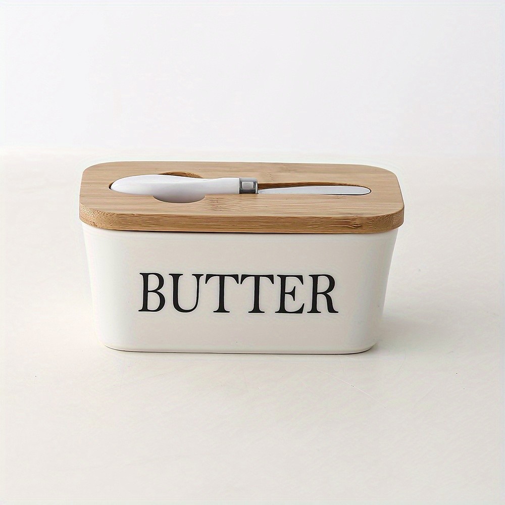 YUMIPLUS Ceramic Butter Dish with Bamboo Lid & Knife – Large Airtight Butter Keeper for Kitchen & Pantry Storage