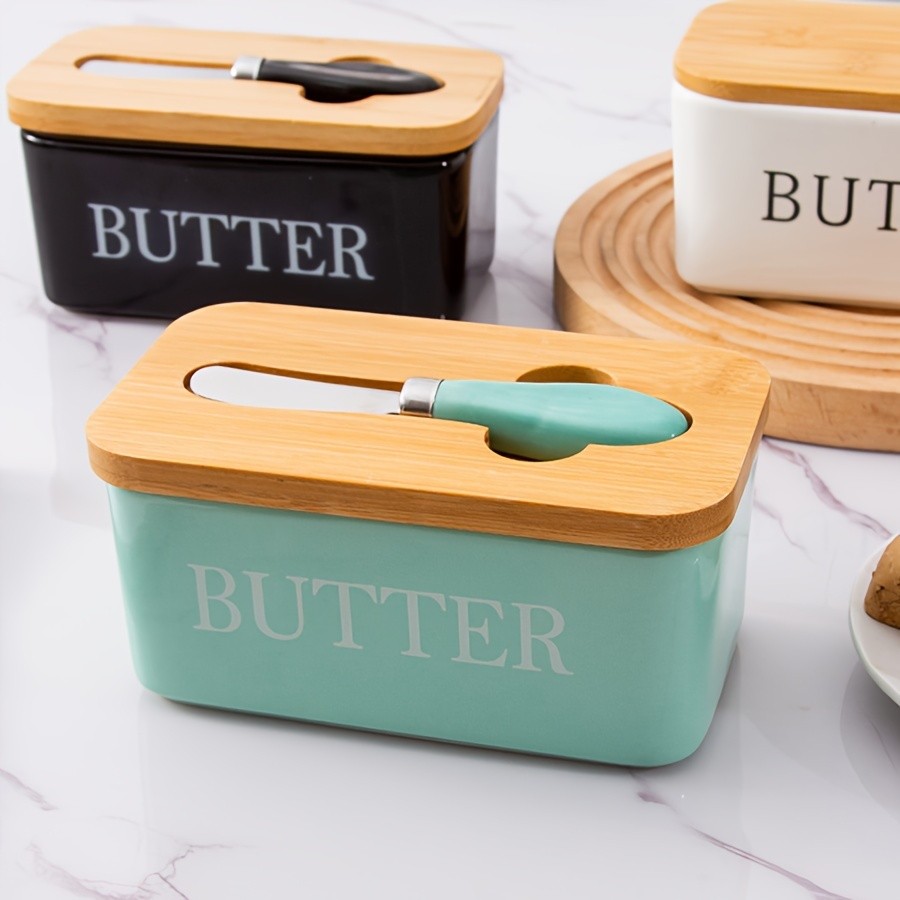 YUMIPLUS Ceramic Butter Dish with Bamboo Lid & Knife – Large Airtight Butter Keeper for Kitchen & Pantry Storage
