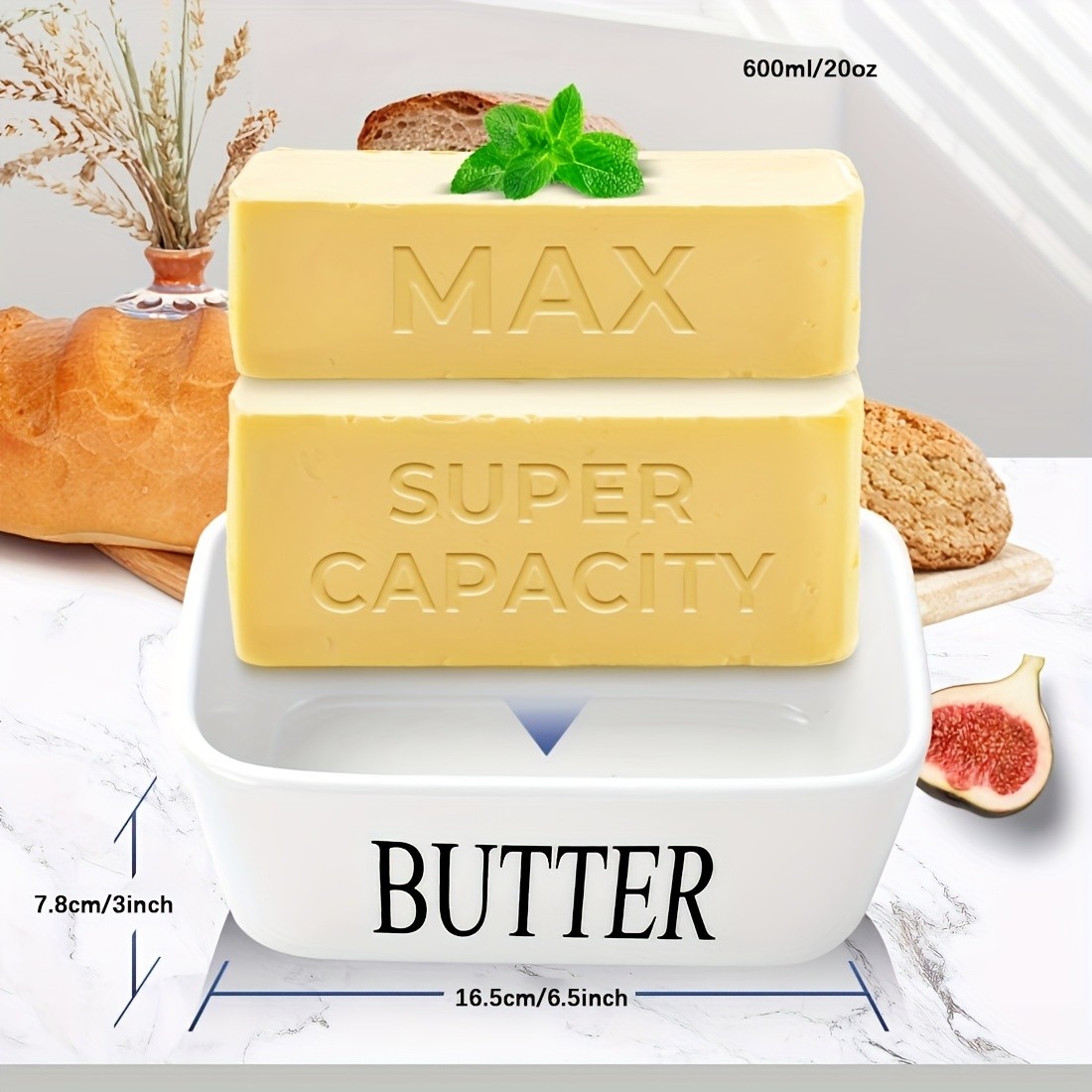 YUMIPLUS Ceramic Butter Dish with Bamboo Lid & Knife – Large Airtight Butter Keeper for Kitchen & Pantry Storage