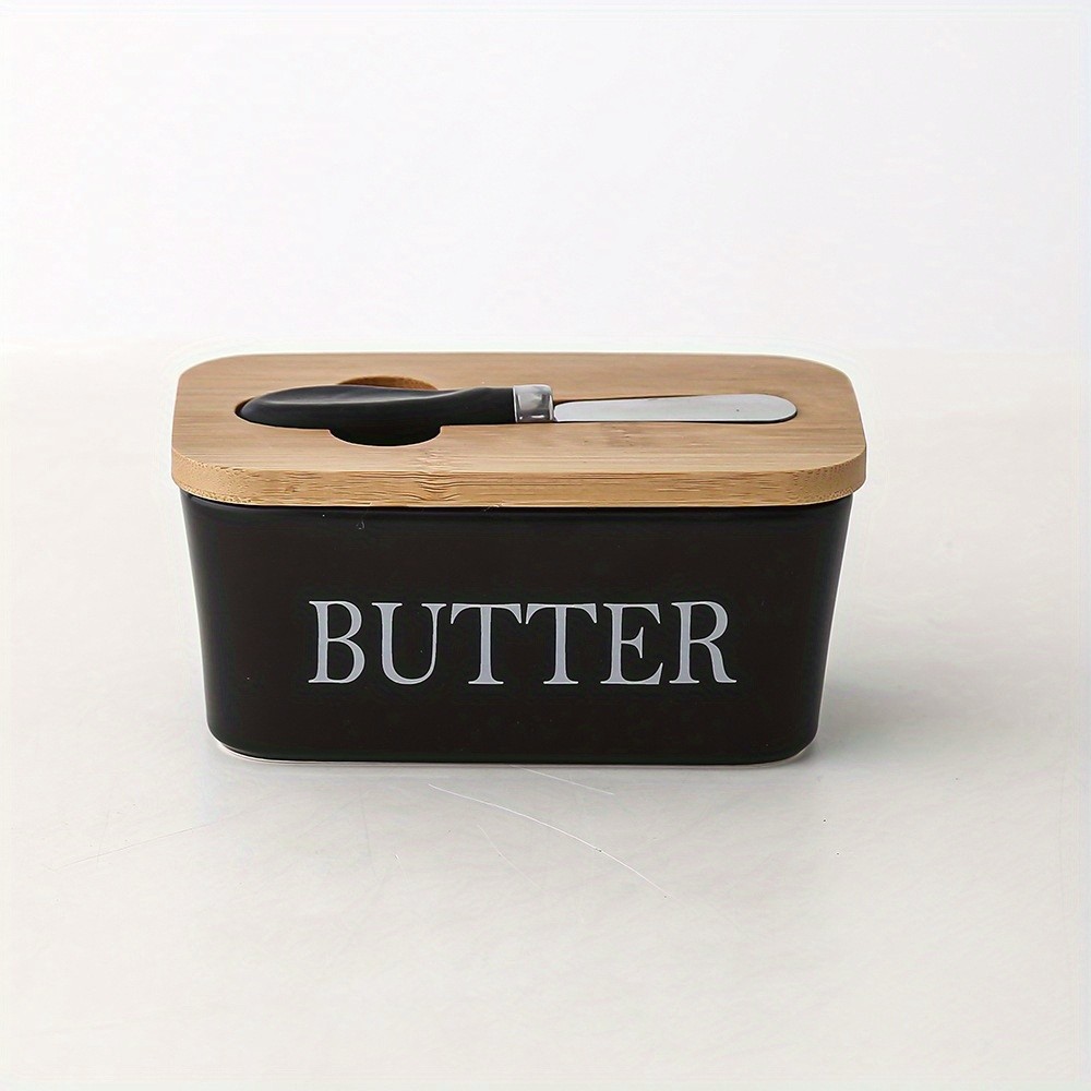 YUMIPLUS Ceramic Butter Dish with Bamboo Lid & Knife – Large Airtight Butter Keeper for Kitchen & Pantry Storage